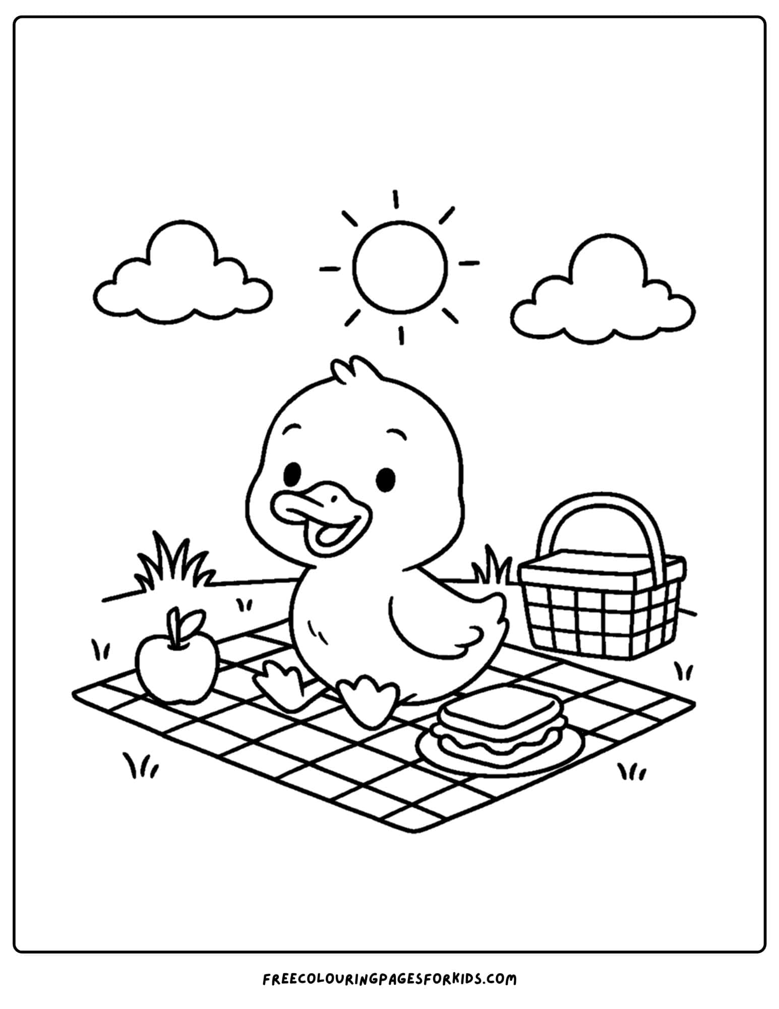 a coloring page of a duck having a picnic in the sun