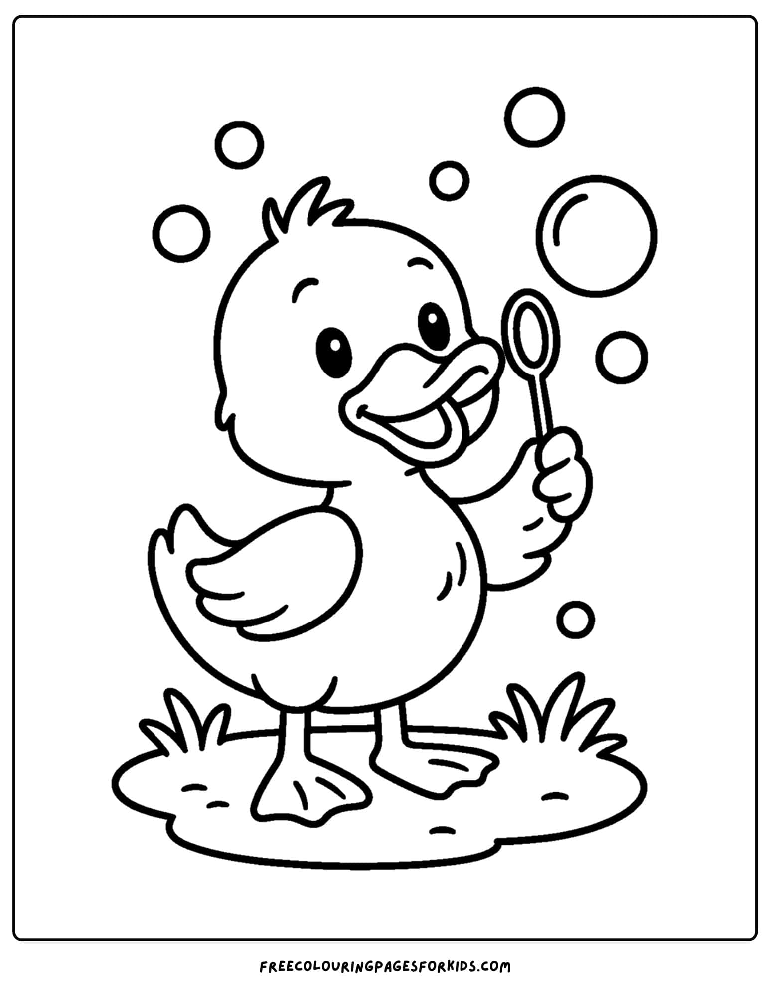 a coloring page of a duck blowing bubbles