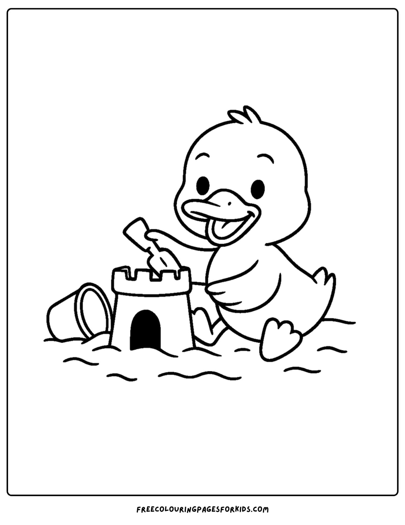 a coloring page of a duck building a sandcastle at the beach