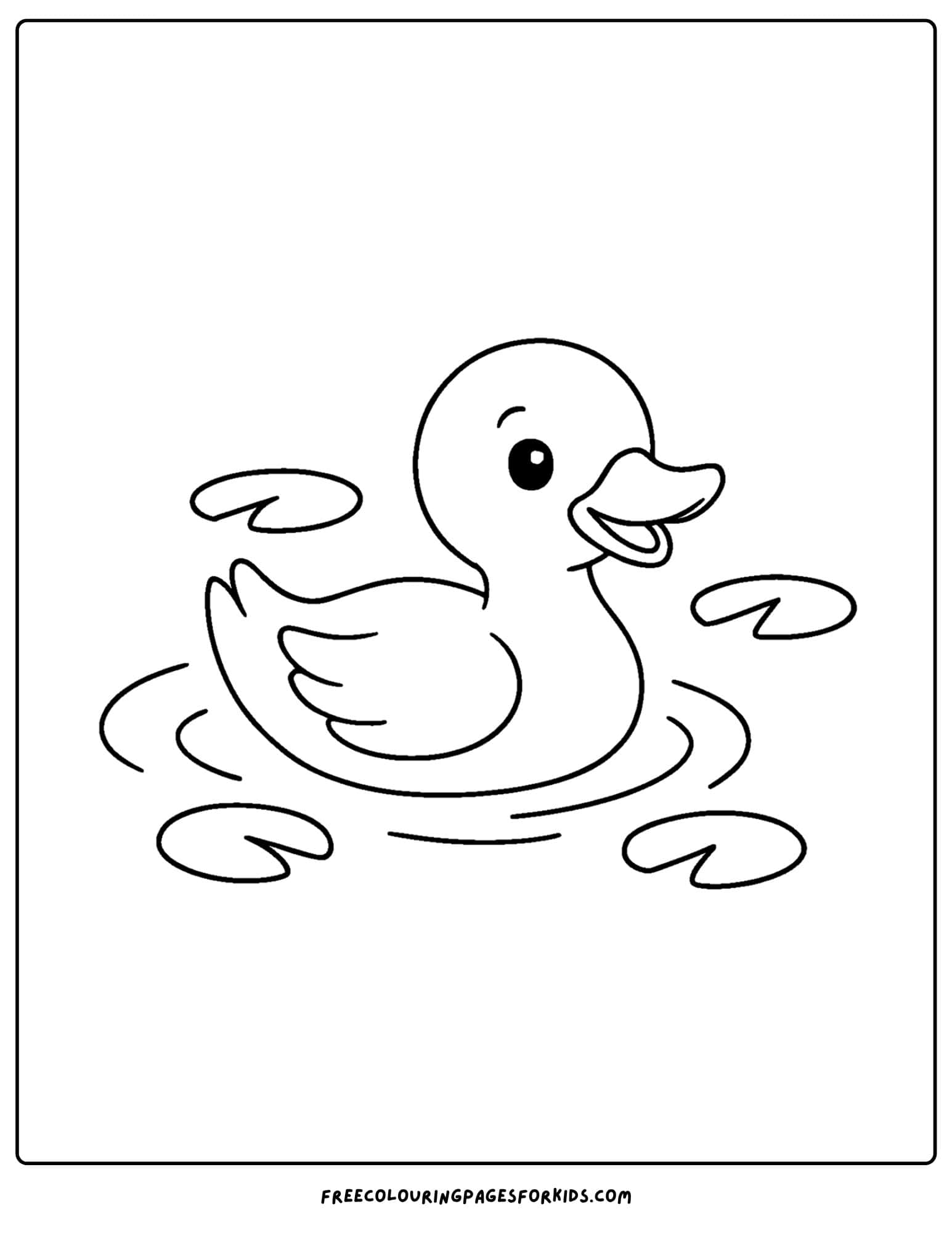 a coloring page of a duck floating with lily pads around