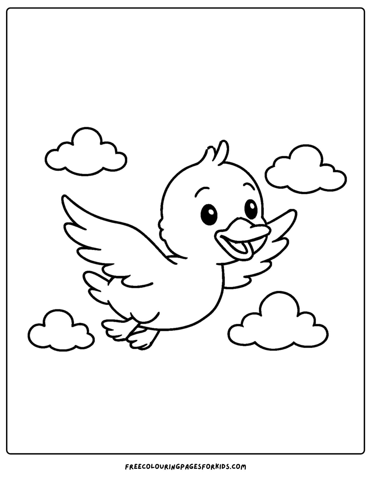 a coloring page of a duck flying in the sky