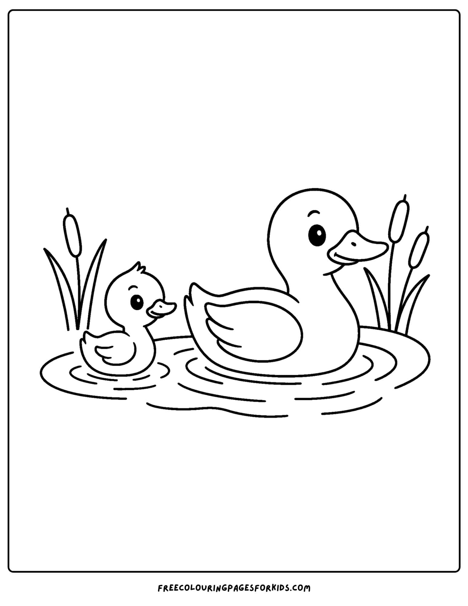 a coloring page of a mother duck and her duckling on the water