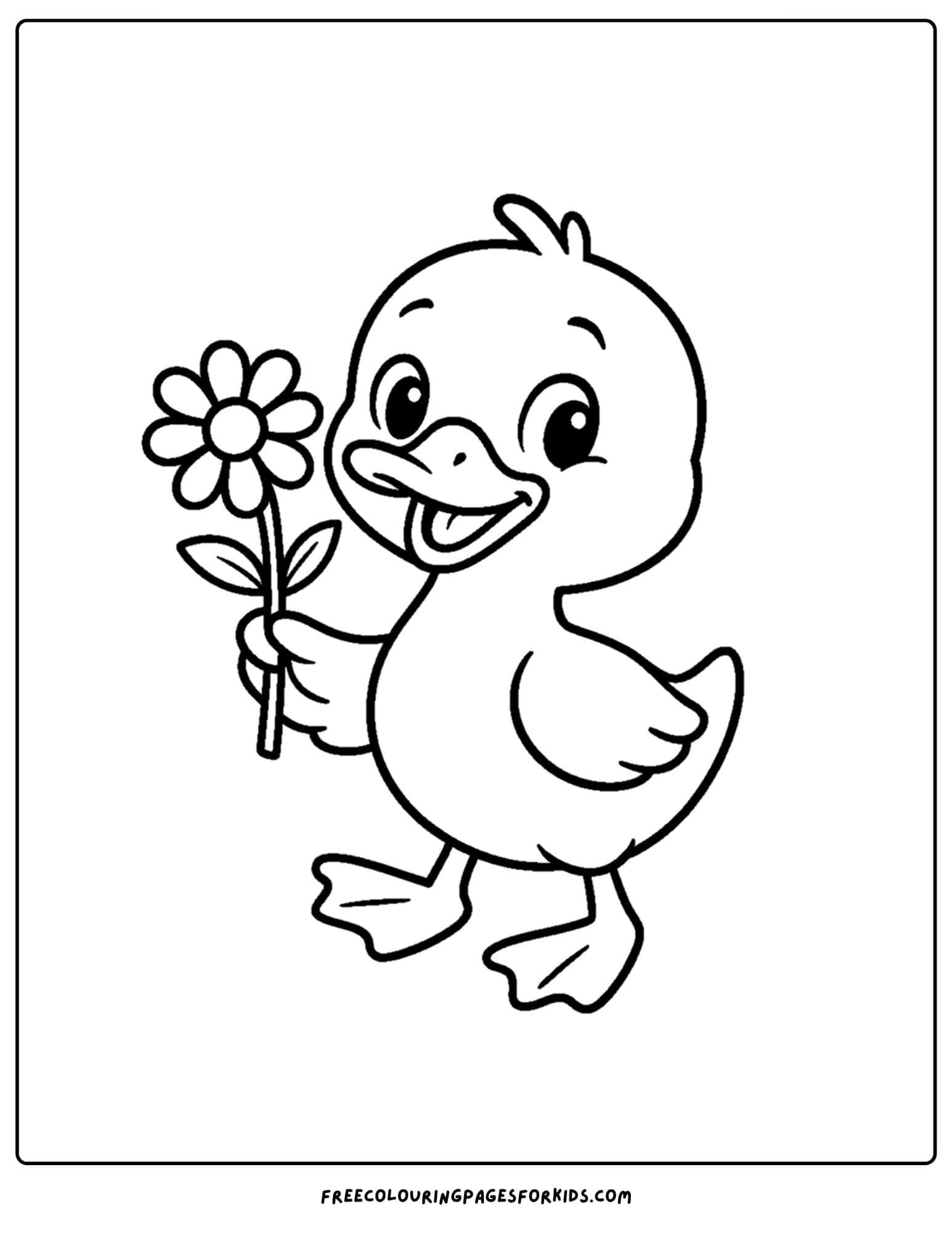 a coloring page of a duck holding a flower