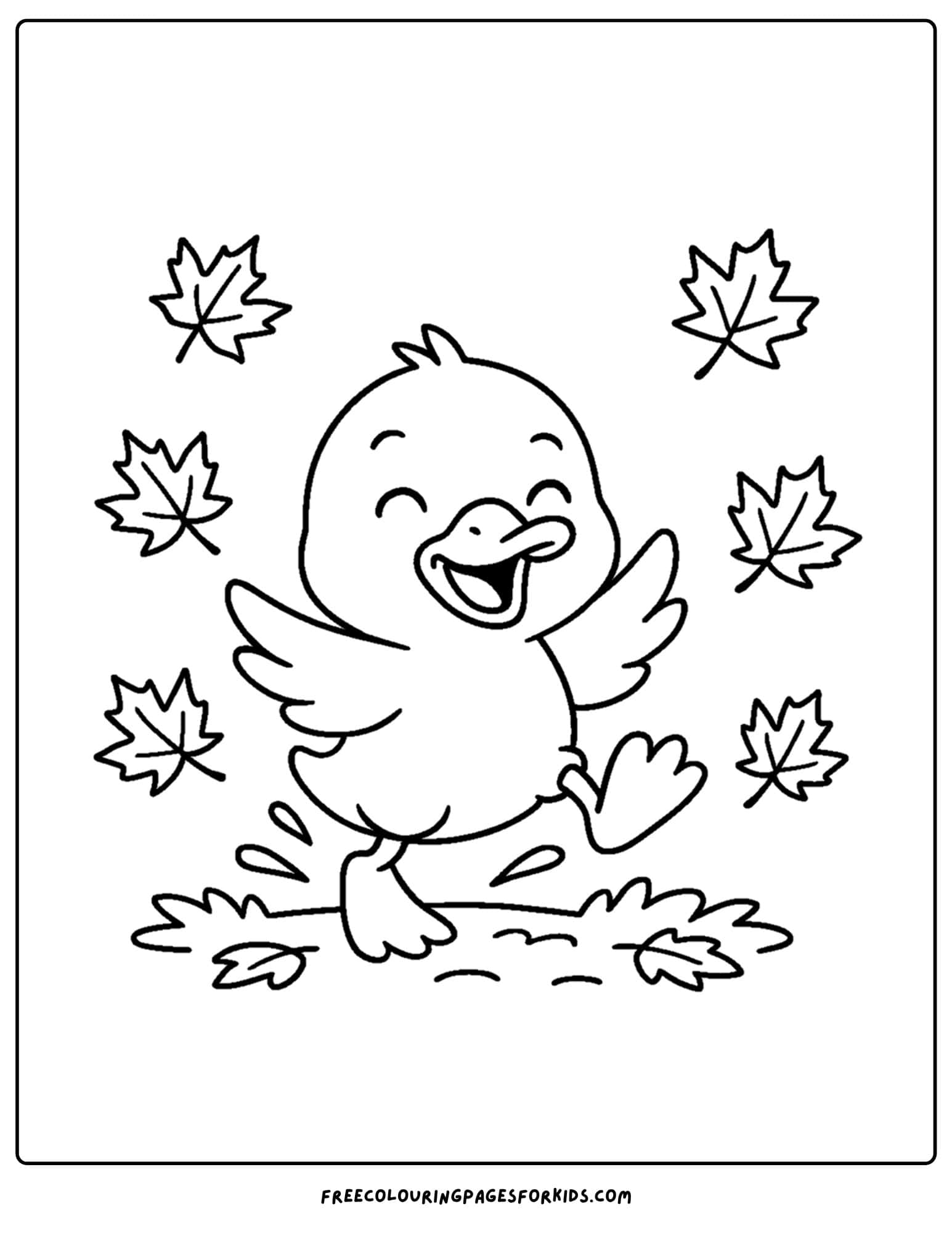 a coloring page of a duck jumping in the fall leaves