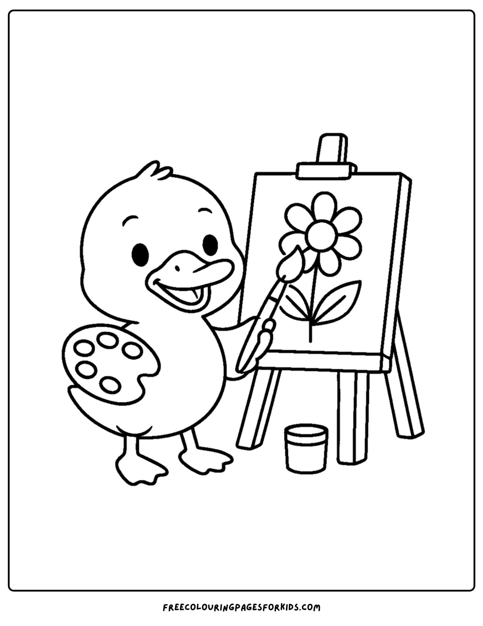 a coloring page of a duck painting a picture of a flower