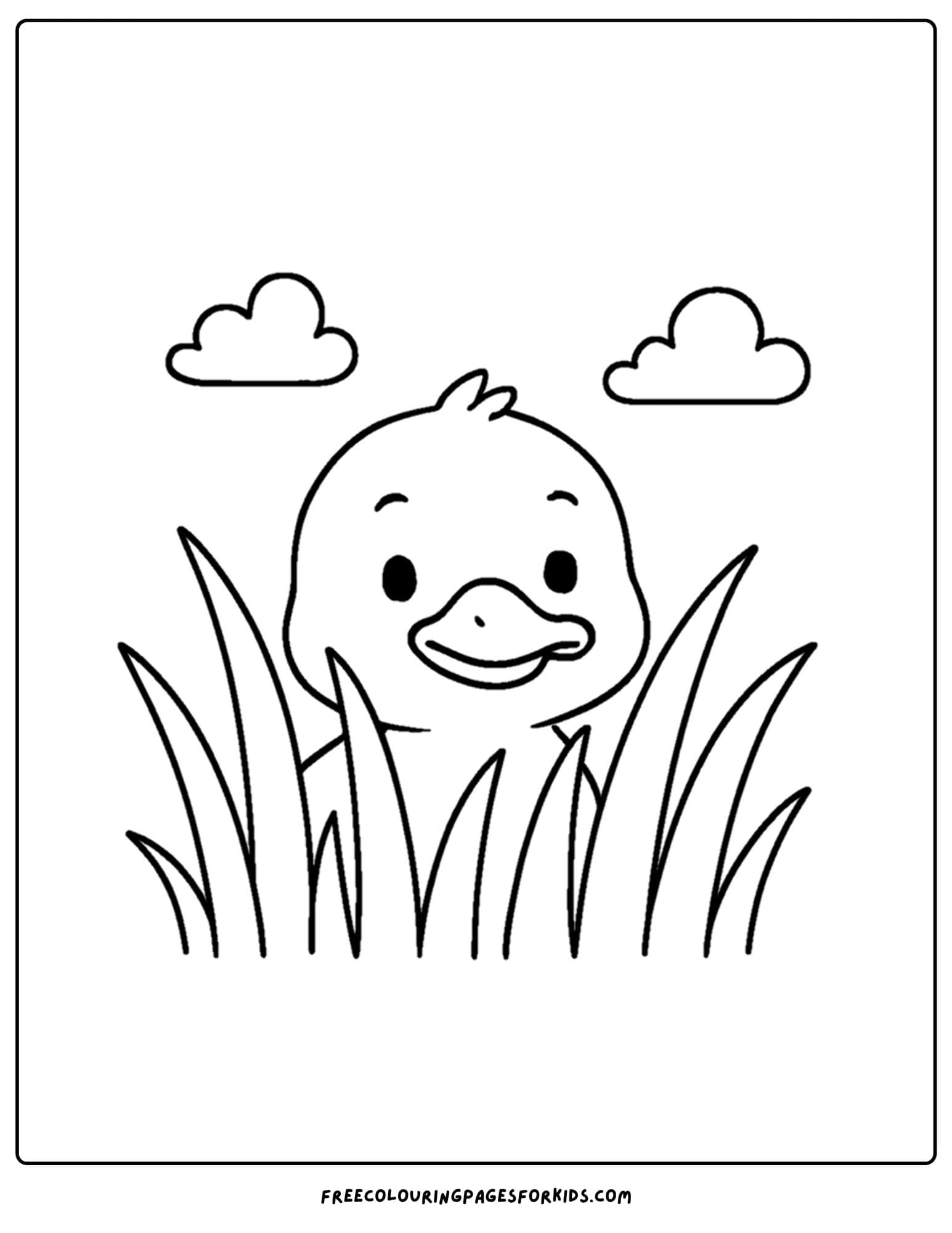 a coloring page of a duck hiding in the long grass