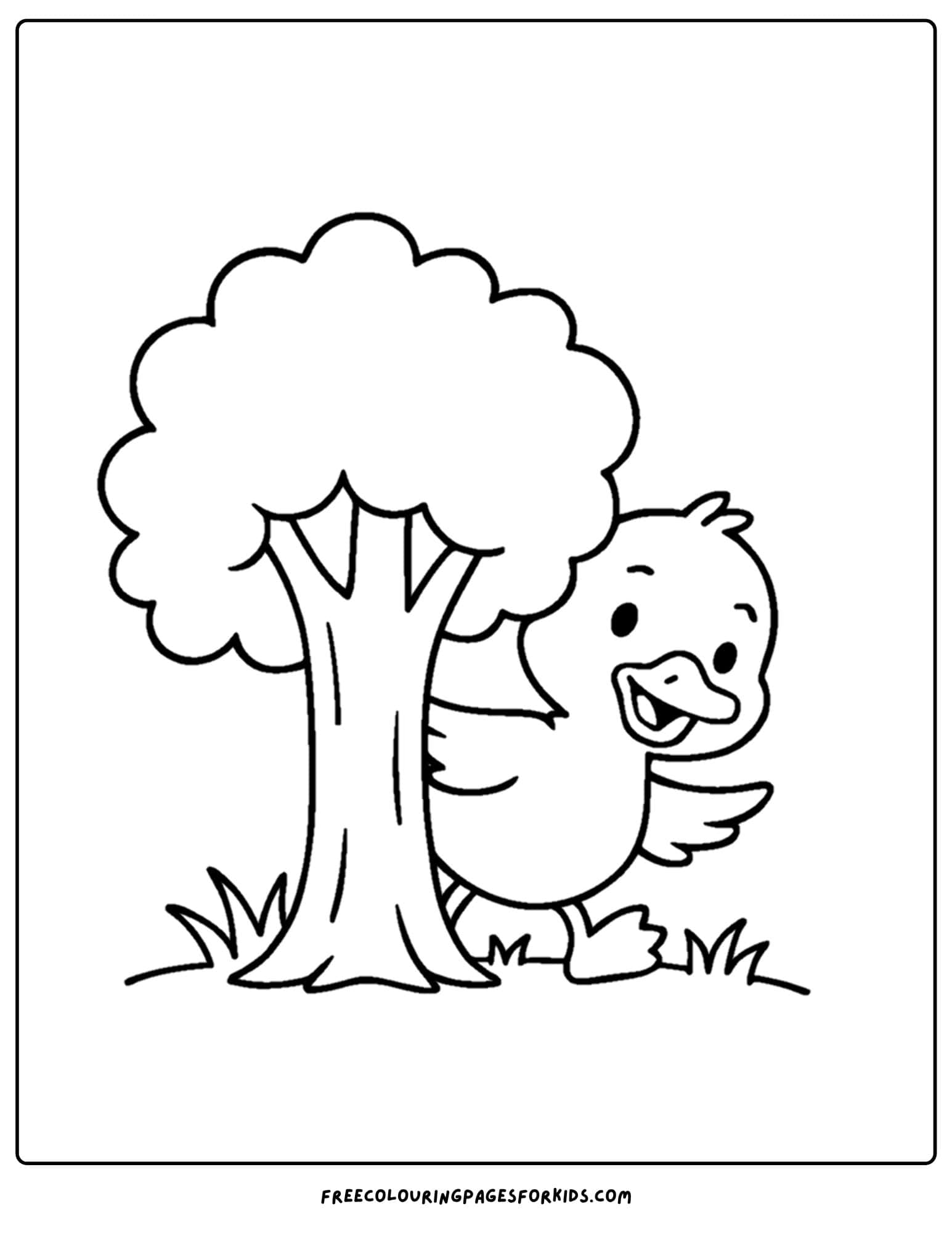 a coloring page of a duck playing hide and seek behind a tree
