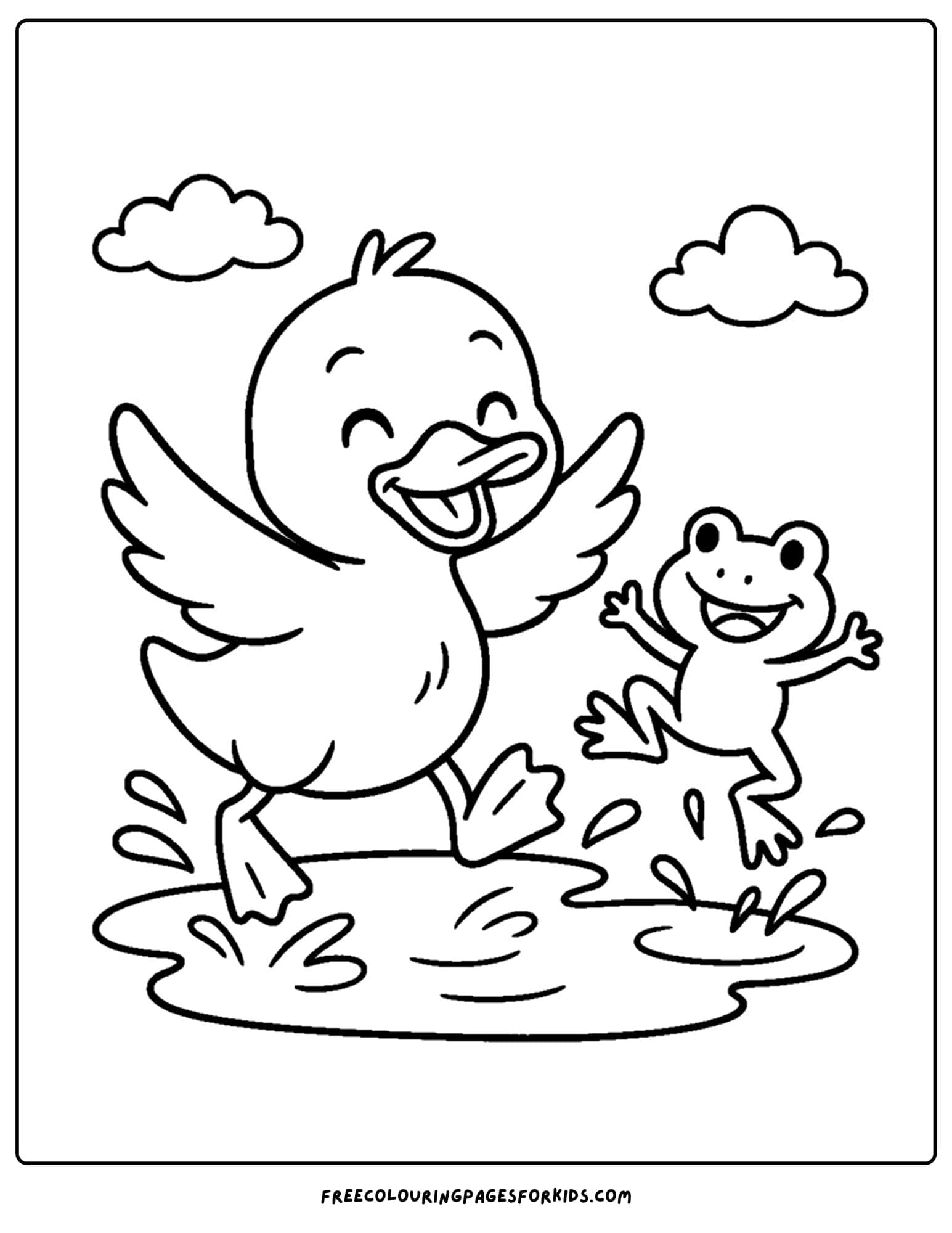 a coloring page of a duck playing with a frog in the water