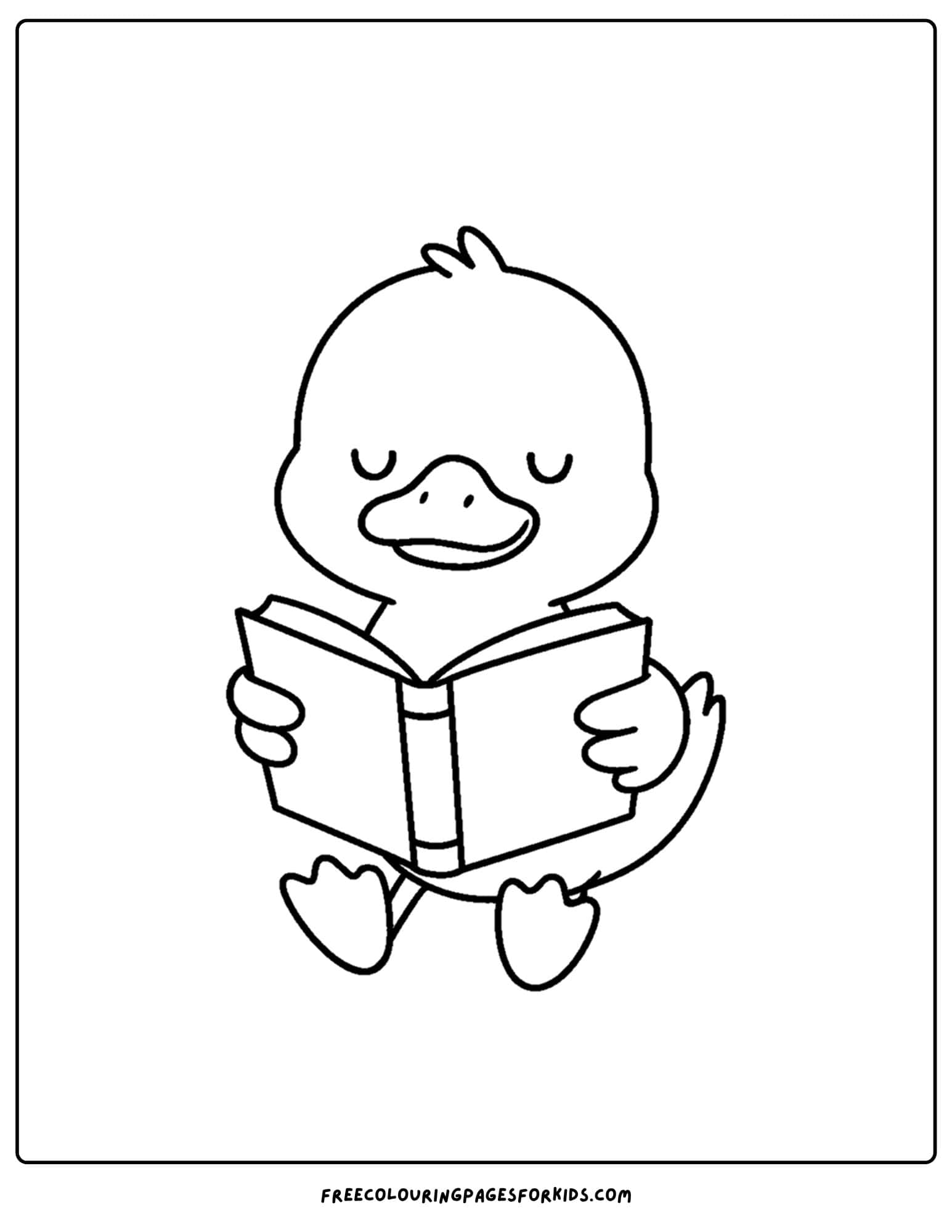 a coloring page of a duck sitting down reading a book