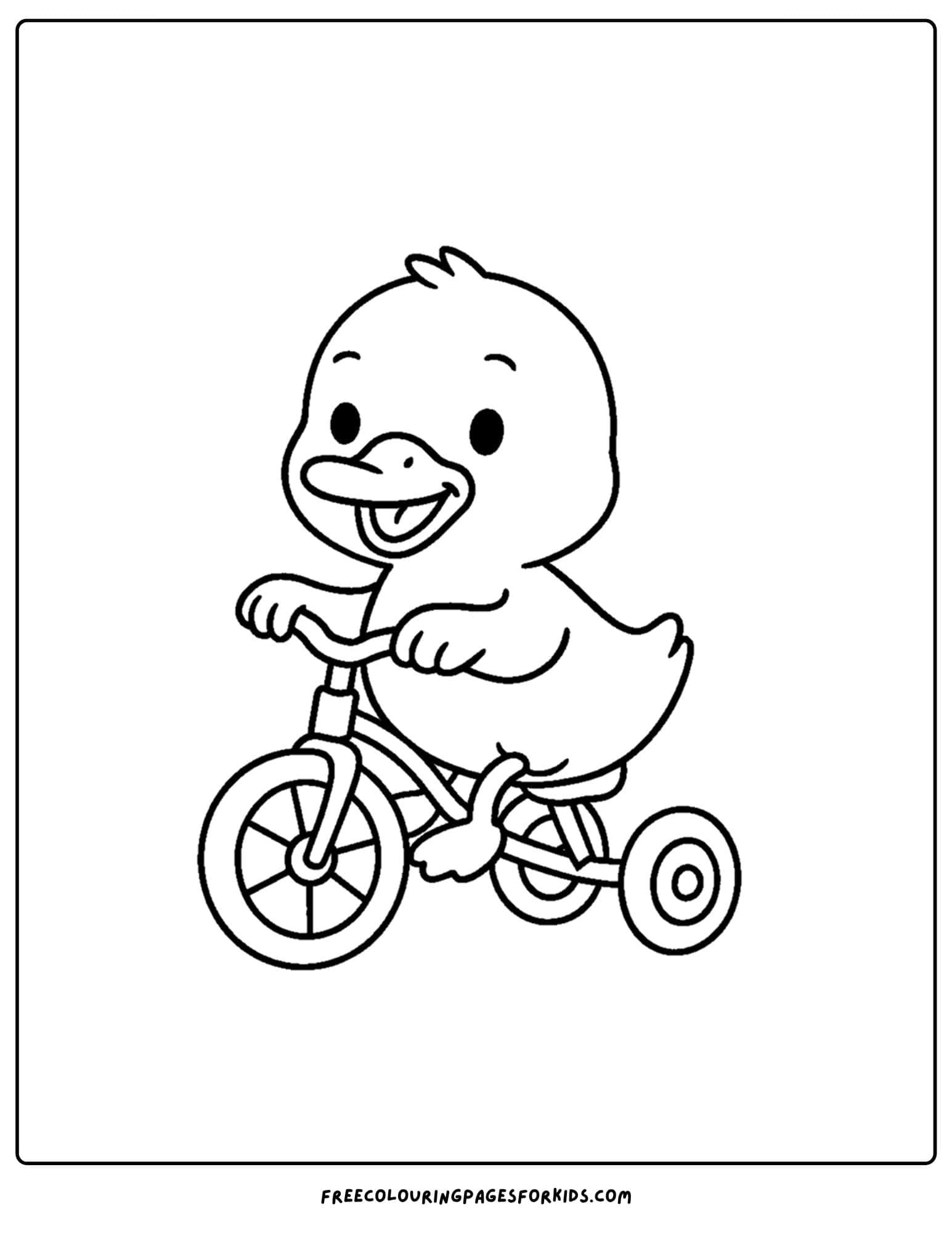 a coloring page of a duck riding a tricycle