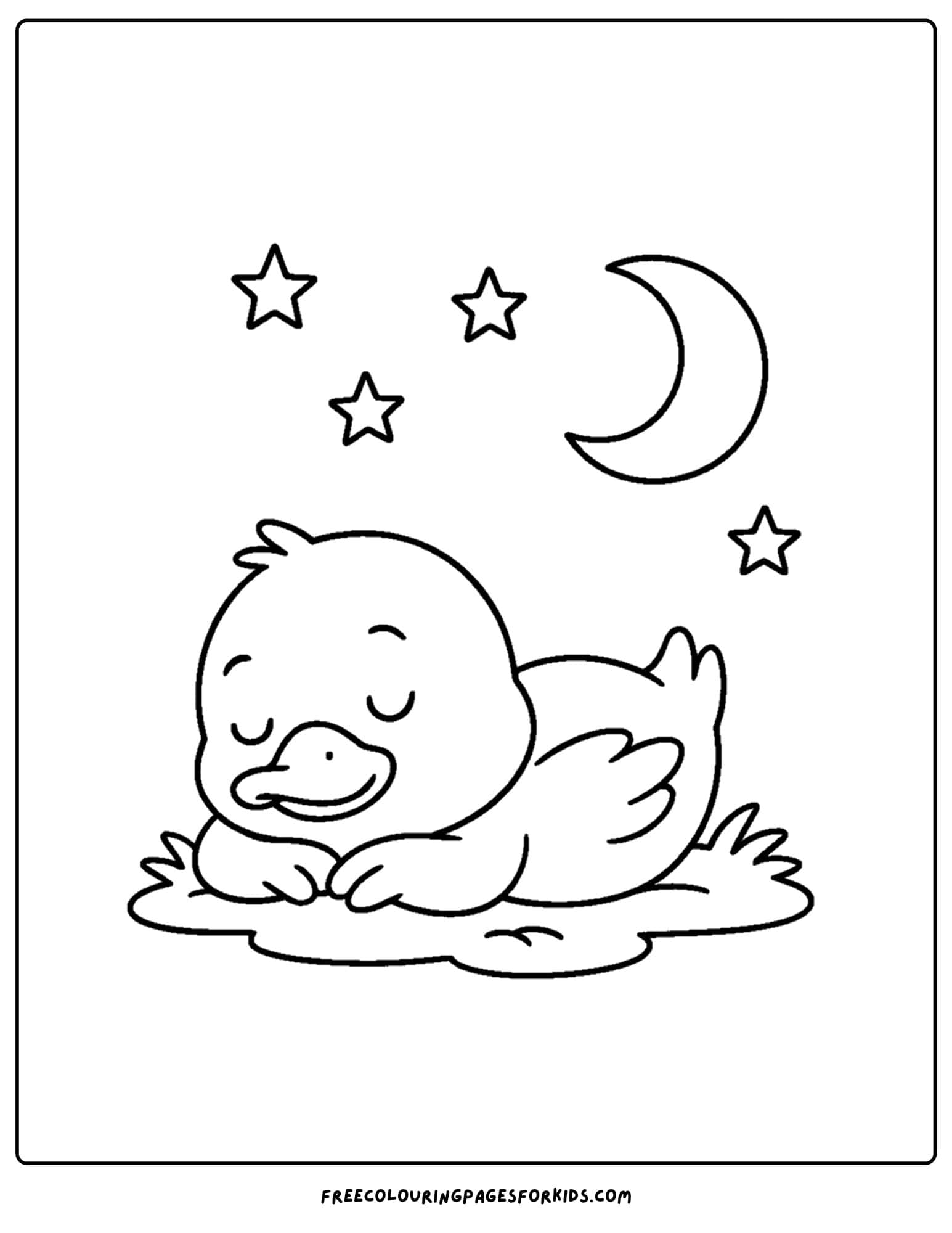 a coloring page of a duck sleeping under the stars and moon