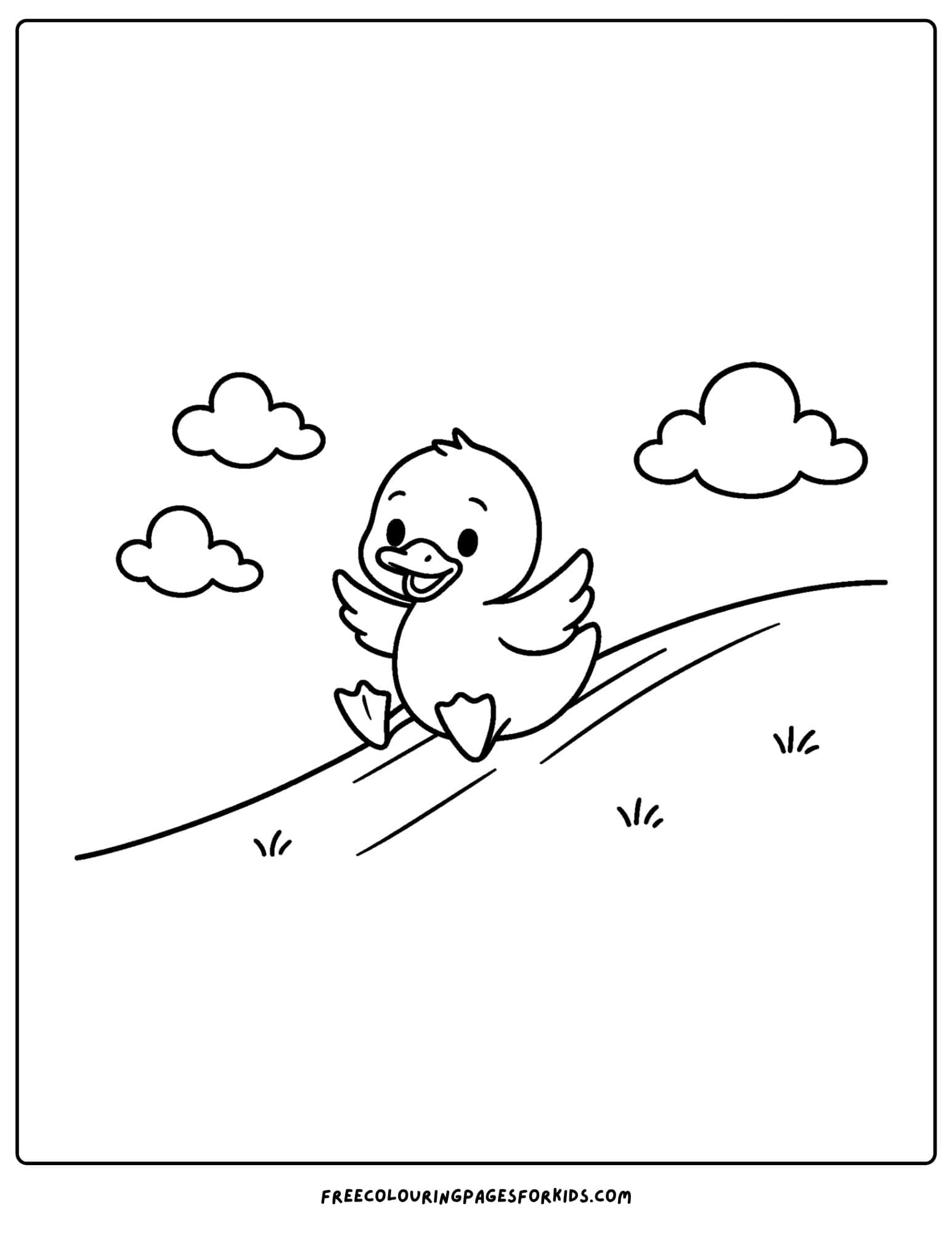 a coloring page of a duck sliding down a hill
