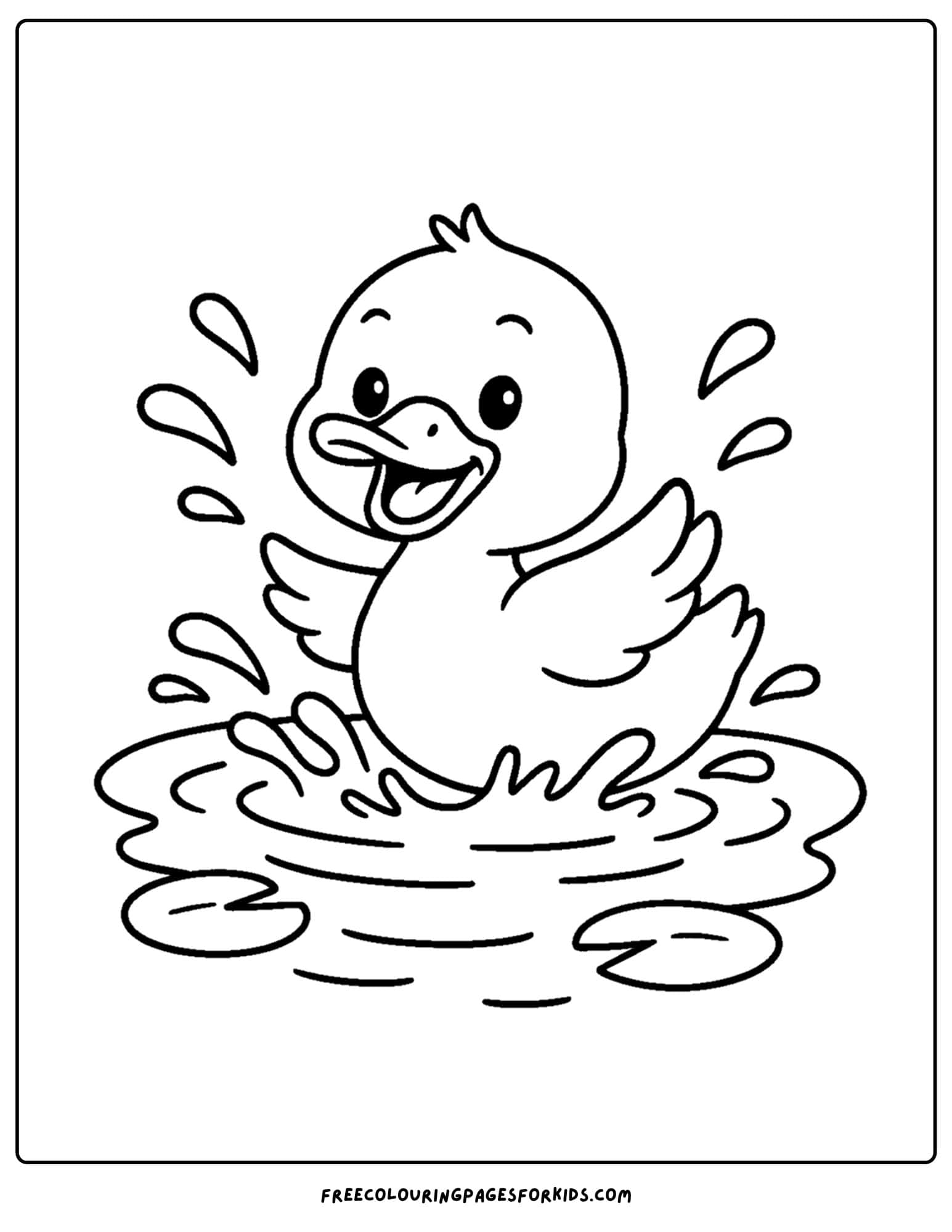 a coloring page of a duck splashing in a pond
