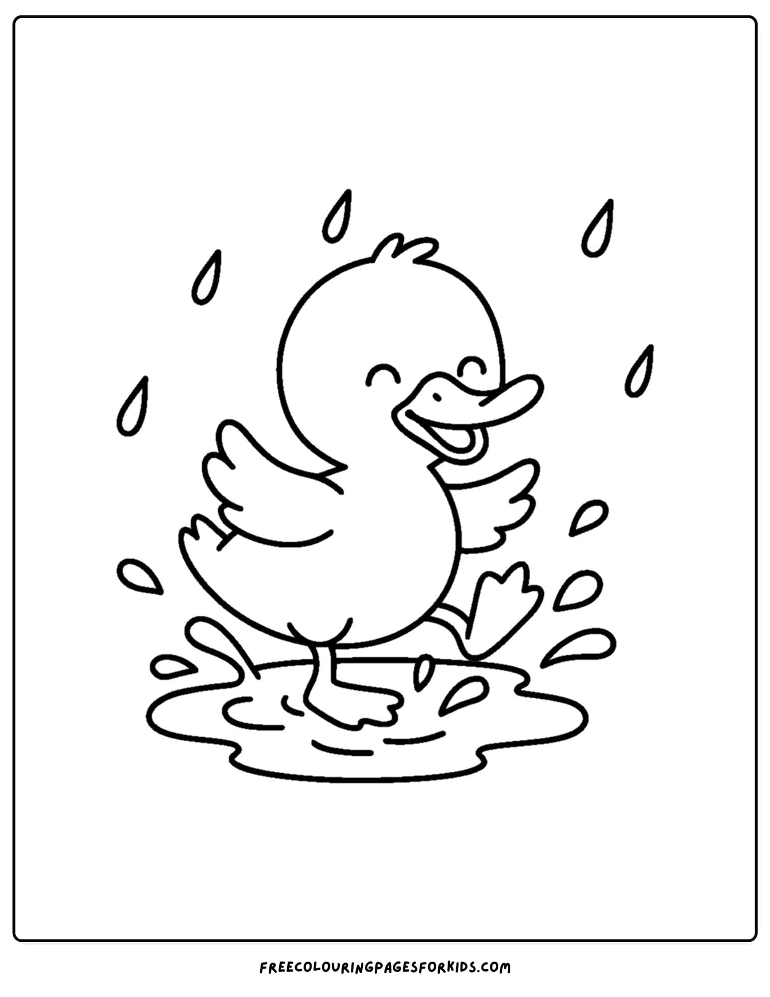 a coloring page of a duck splashing in a puddle