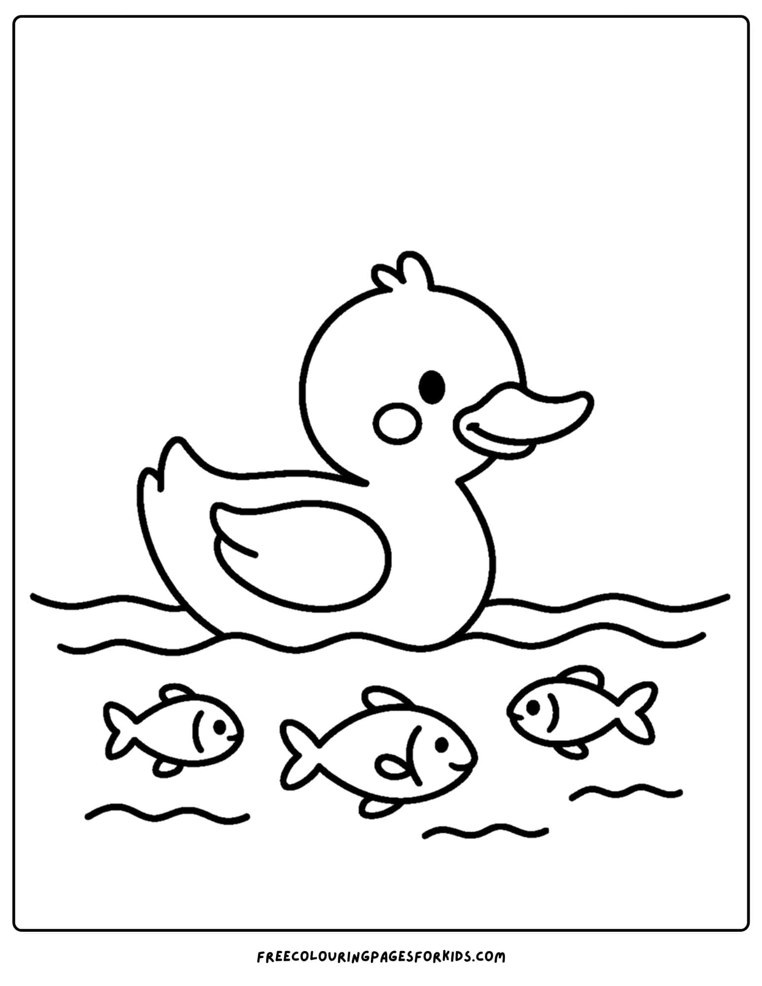 a coloring page of a duck swimming along with fish under the water