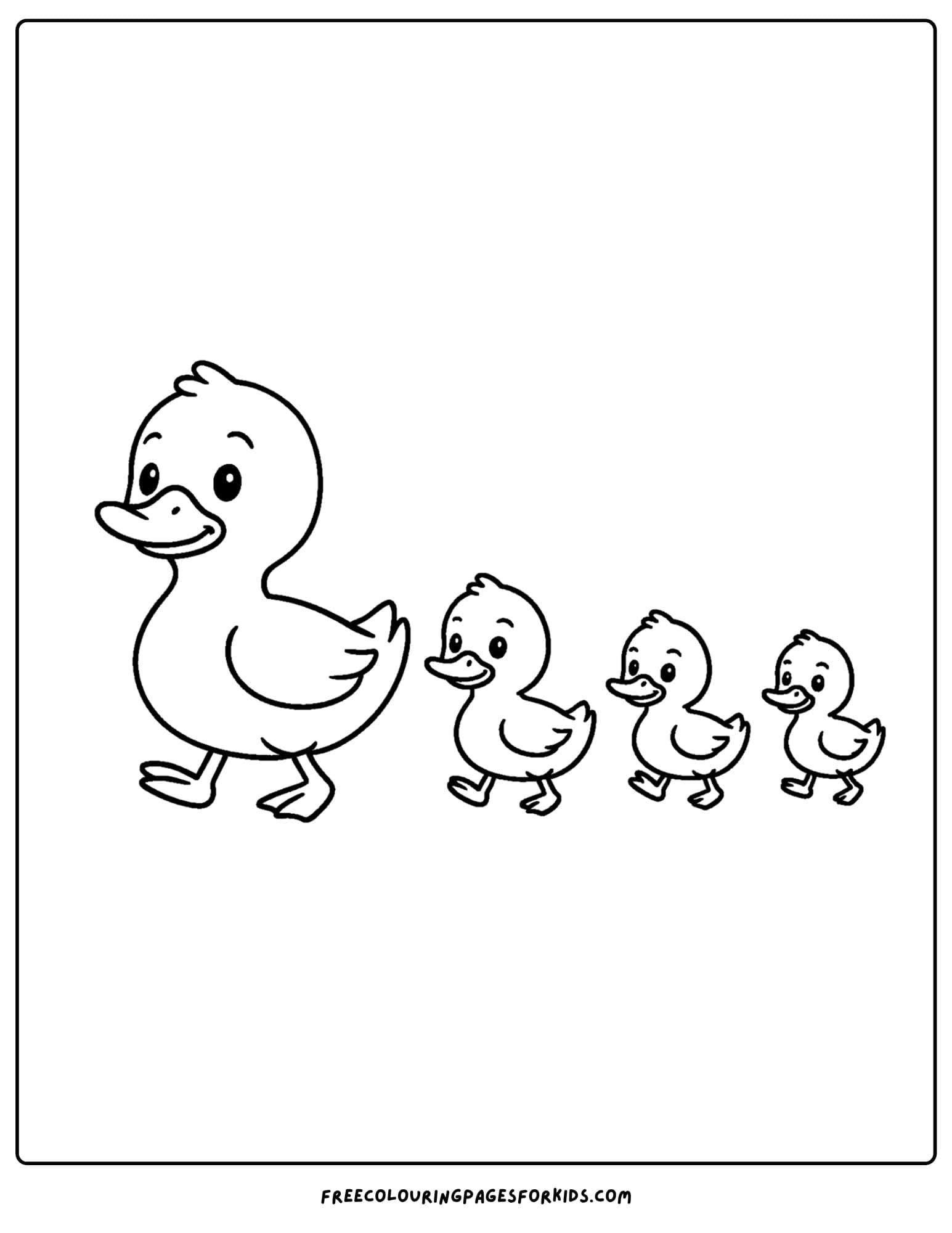 a coloring page of a duck family waddling along