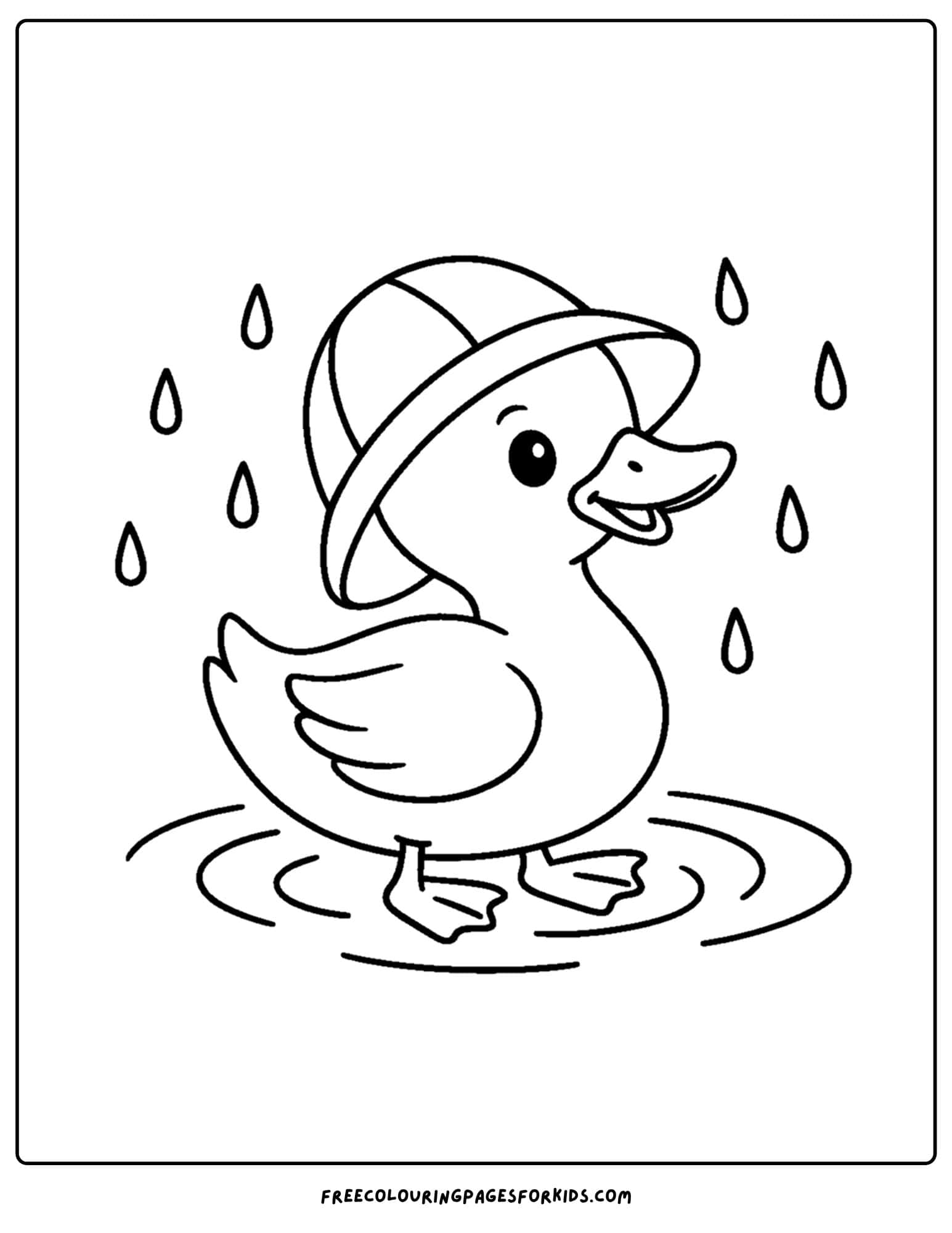 a coloring page of a duck wearing a hat in the rain