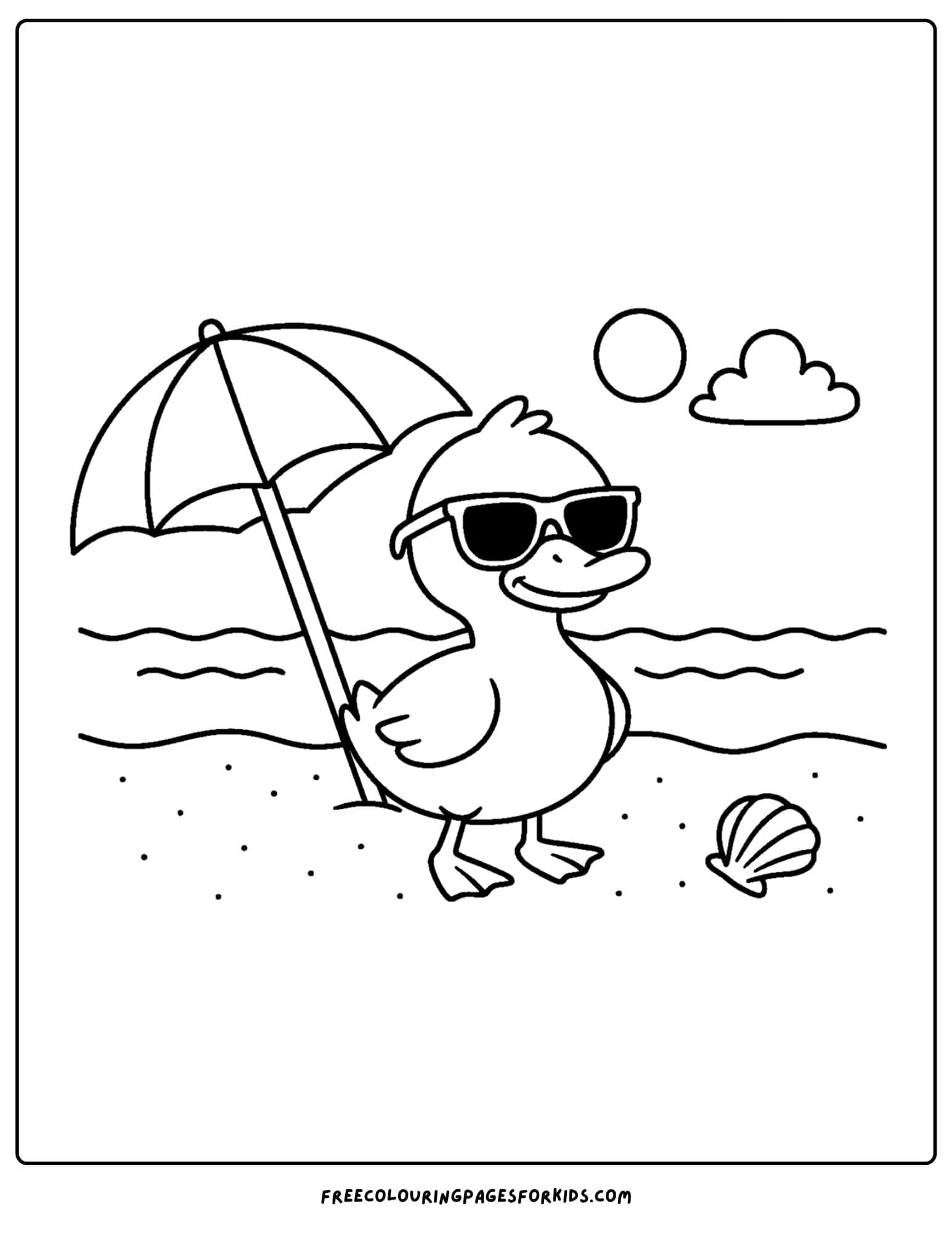 a coloring page of a duck wearing sunglasses on the beach with an umbrella behind it