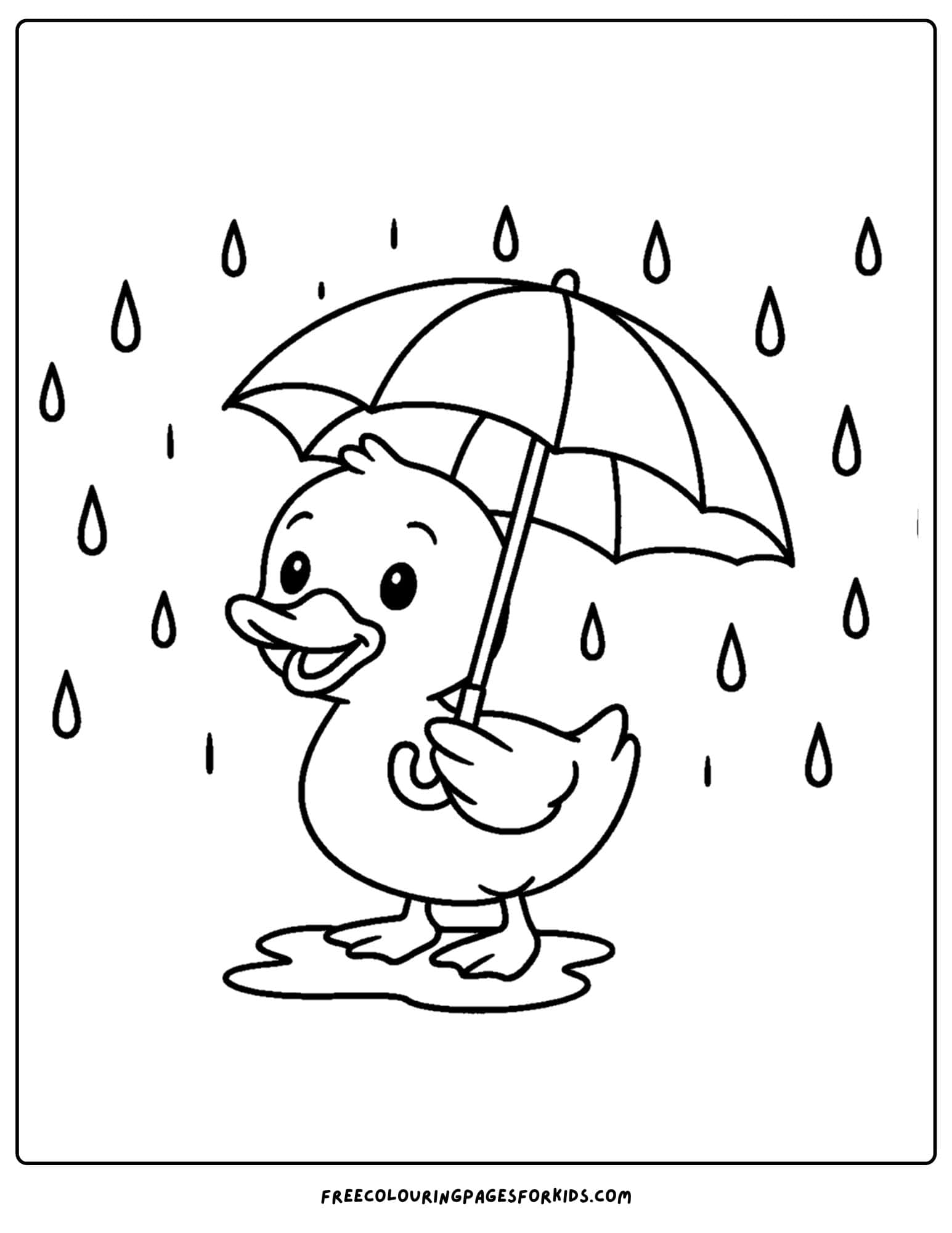 a coloring page of a duck holding an umbrella in the rain