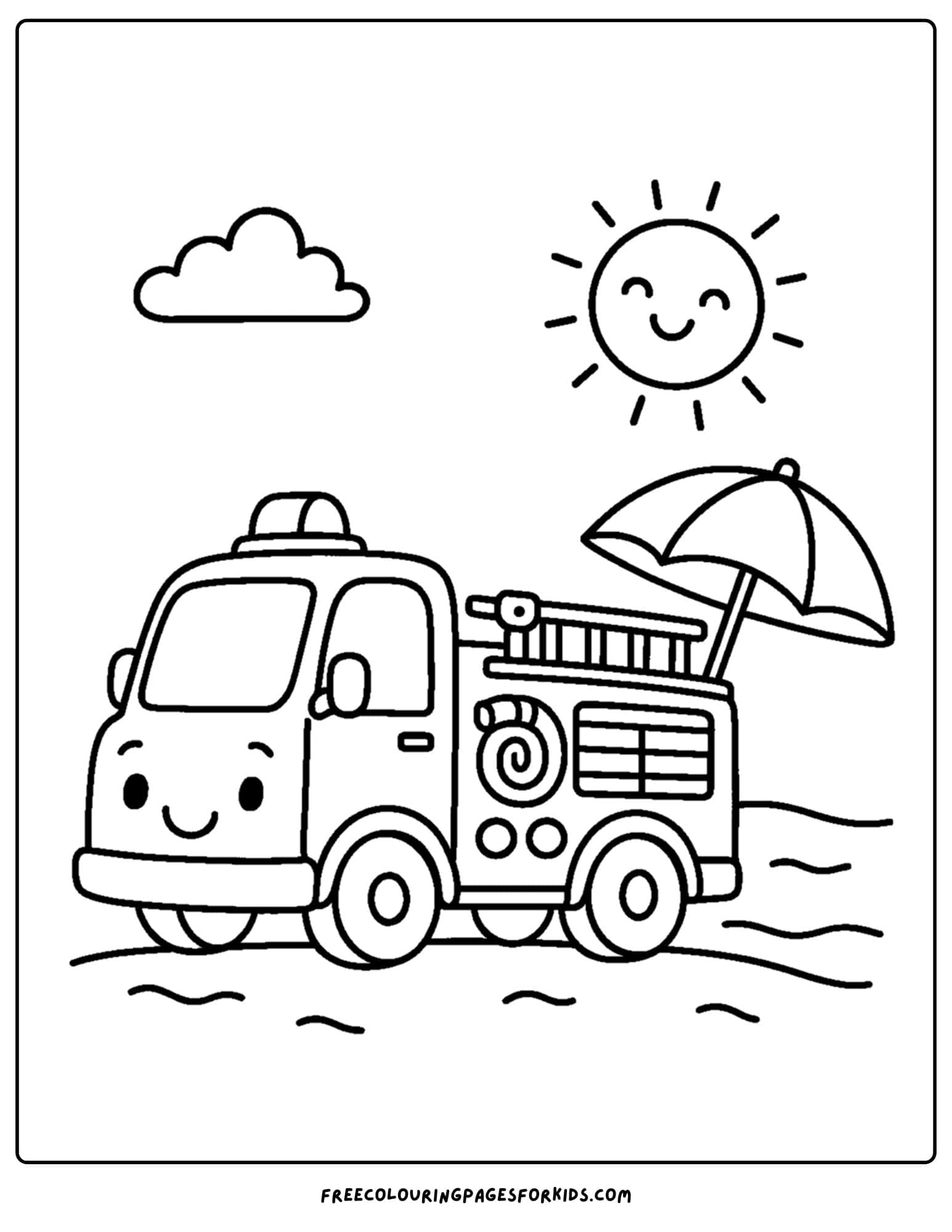 a coloring page of a fire engine at the beach