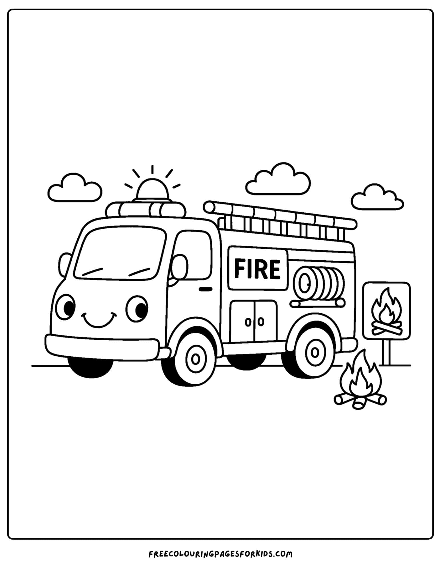 a coloring page of a fire engine at a campfire demo