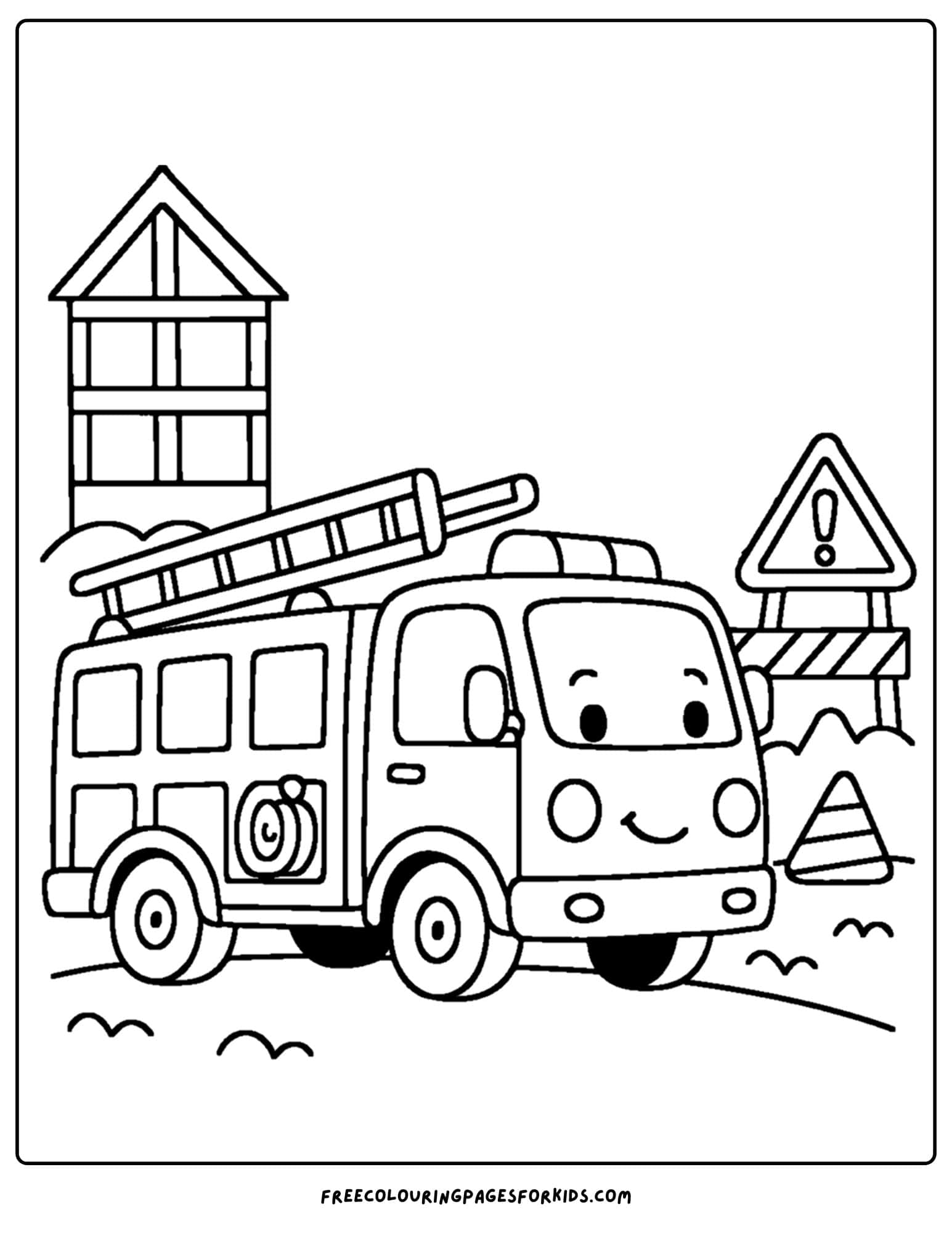 a coloring page of a fire engine at a construction site