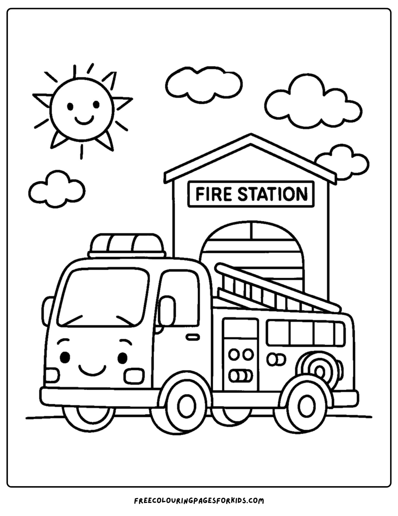 a coloring page of a fire engine parked at a fire house