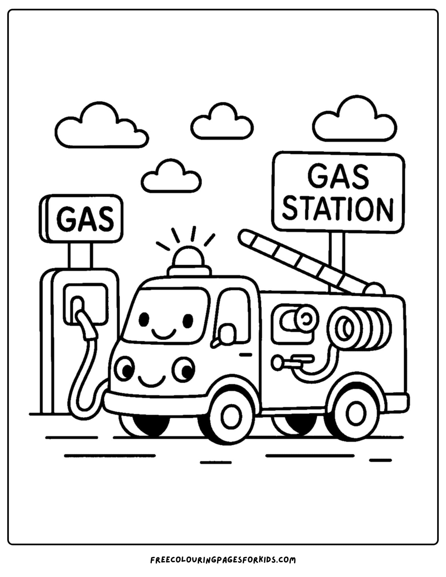 a coloring page of a fire engine at a gas station