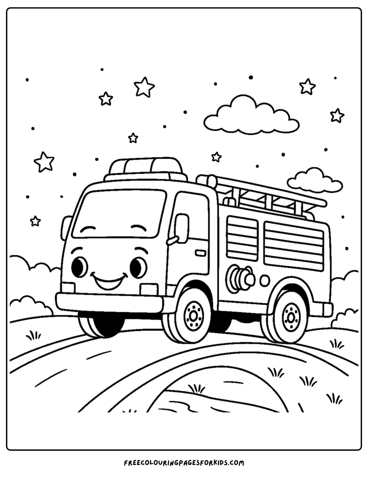 a coloring page of a fire engine driving at night