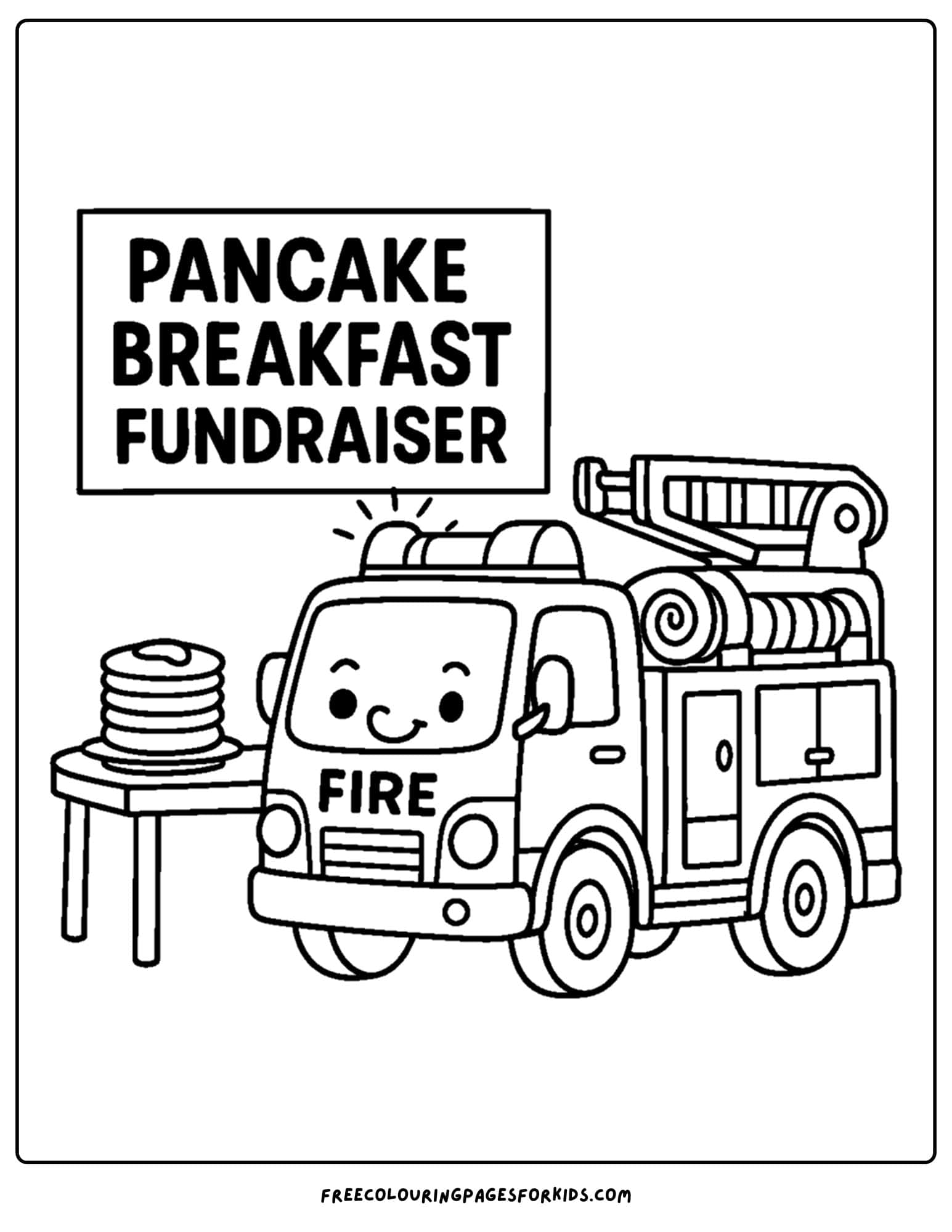 a coloring page of a fire engine at a pancake fundraiser