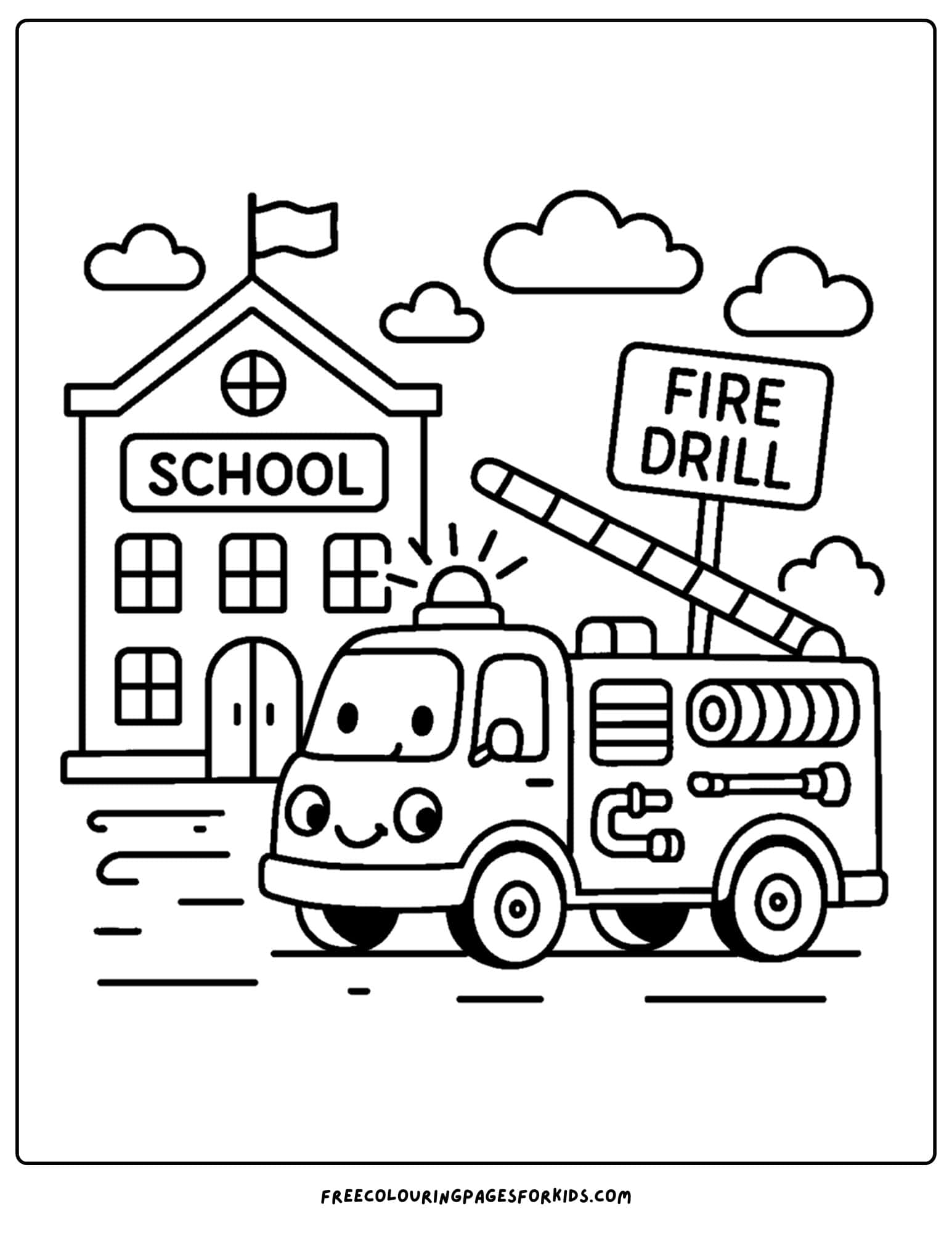 a coloring page of a fire engine visiting a school