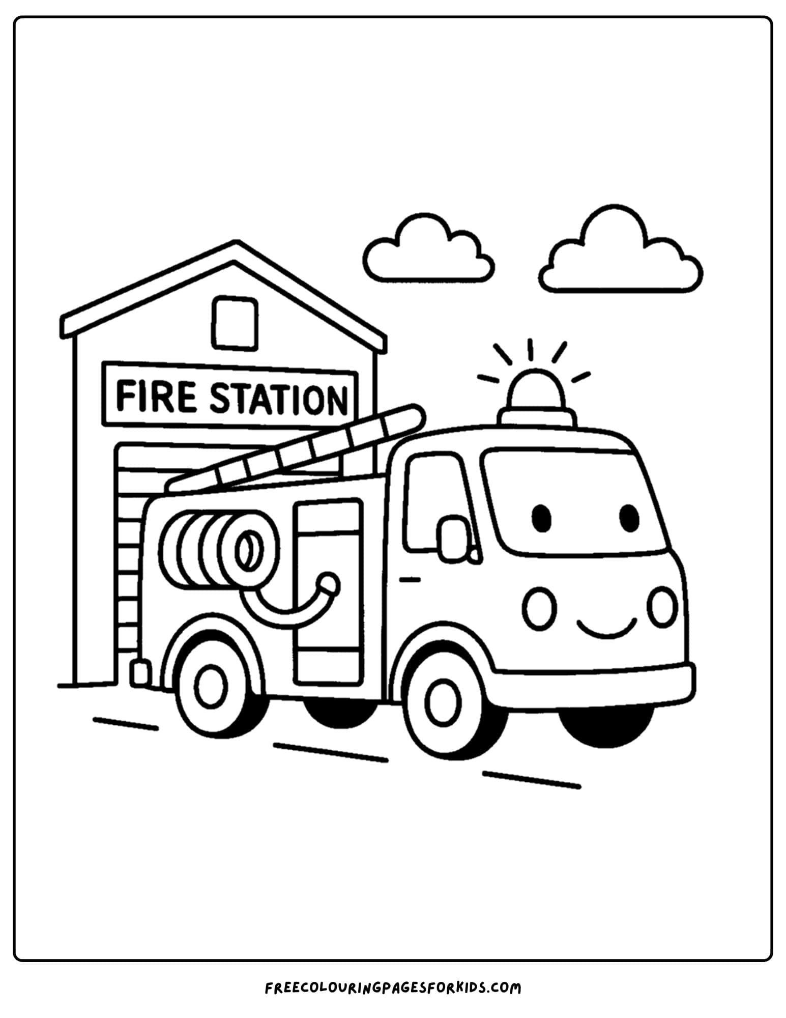 a coloring page of a fire engine parked at a fire station