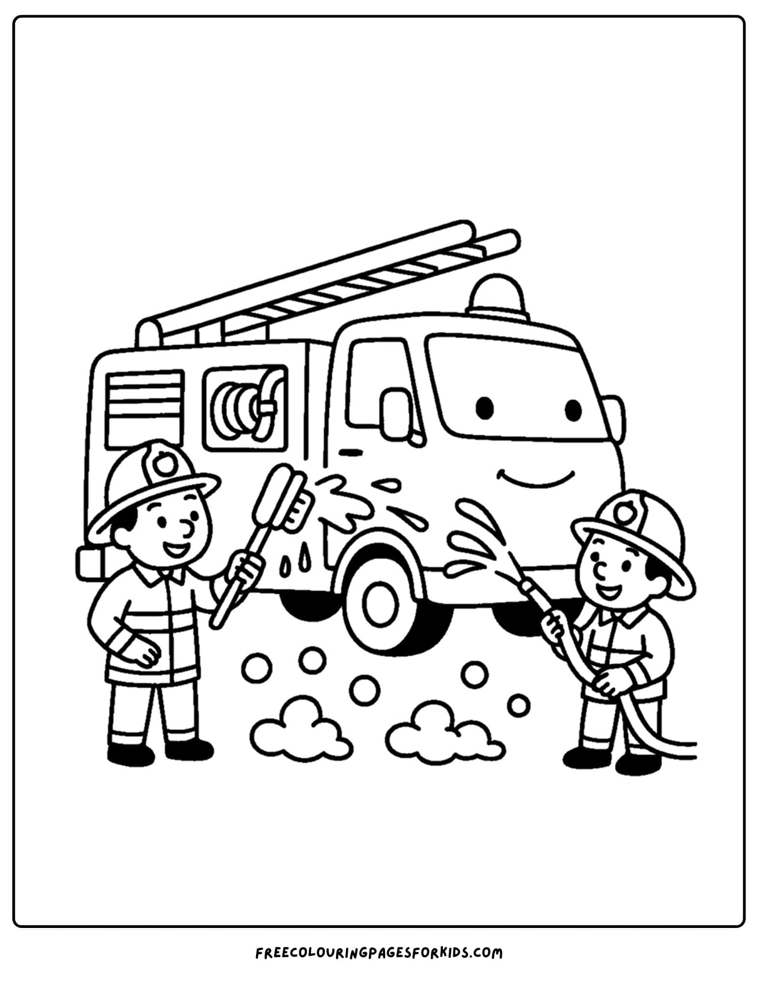 a coloring page of a fire engine getting washed down