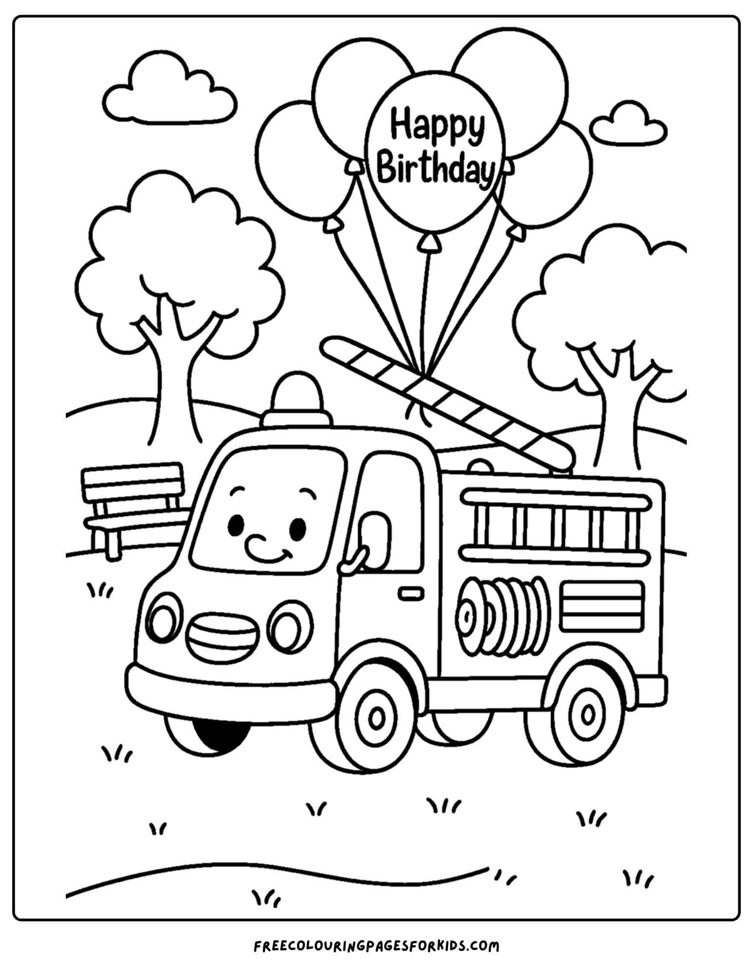 a coloring page of a fire engine with birthday balloons