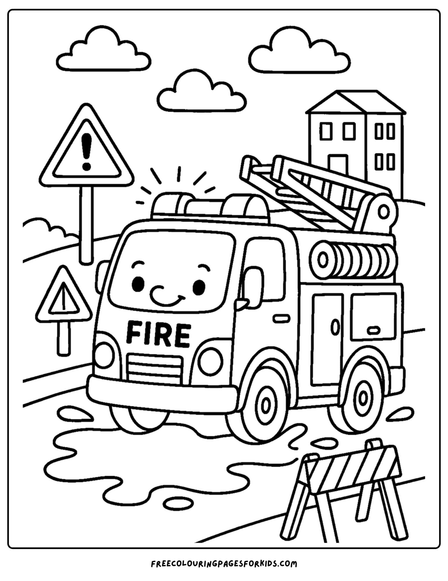 a coloring page of a fire engine driving through a puddle
