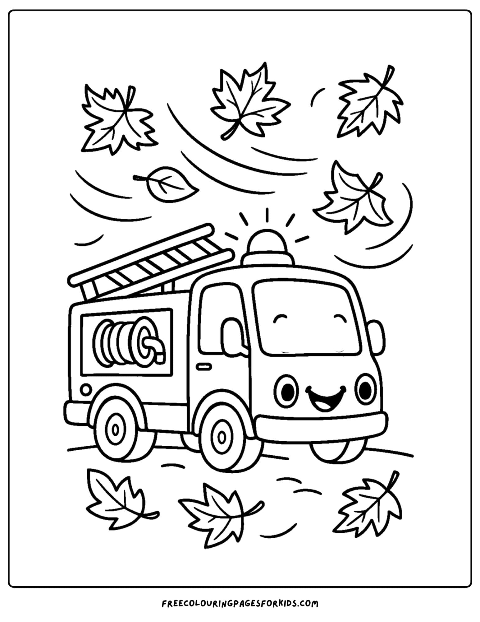 a coloring page of a fire engine driving on a windy day