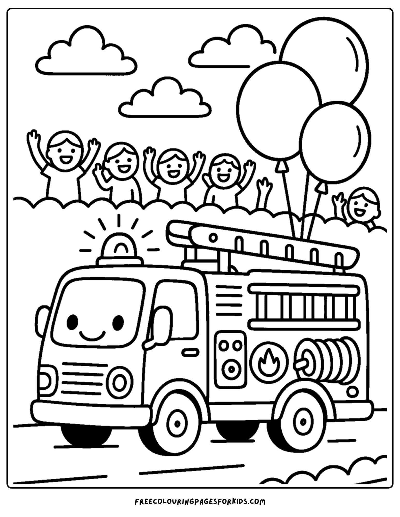 a coloring page of a fire engine in a parade