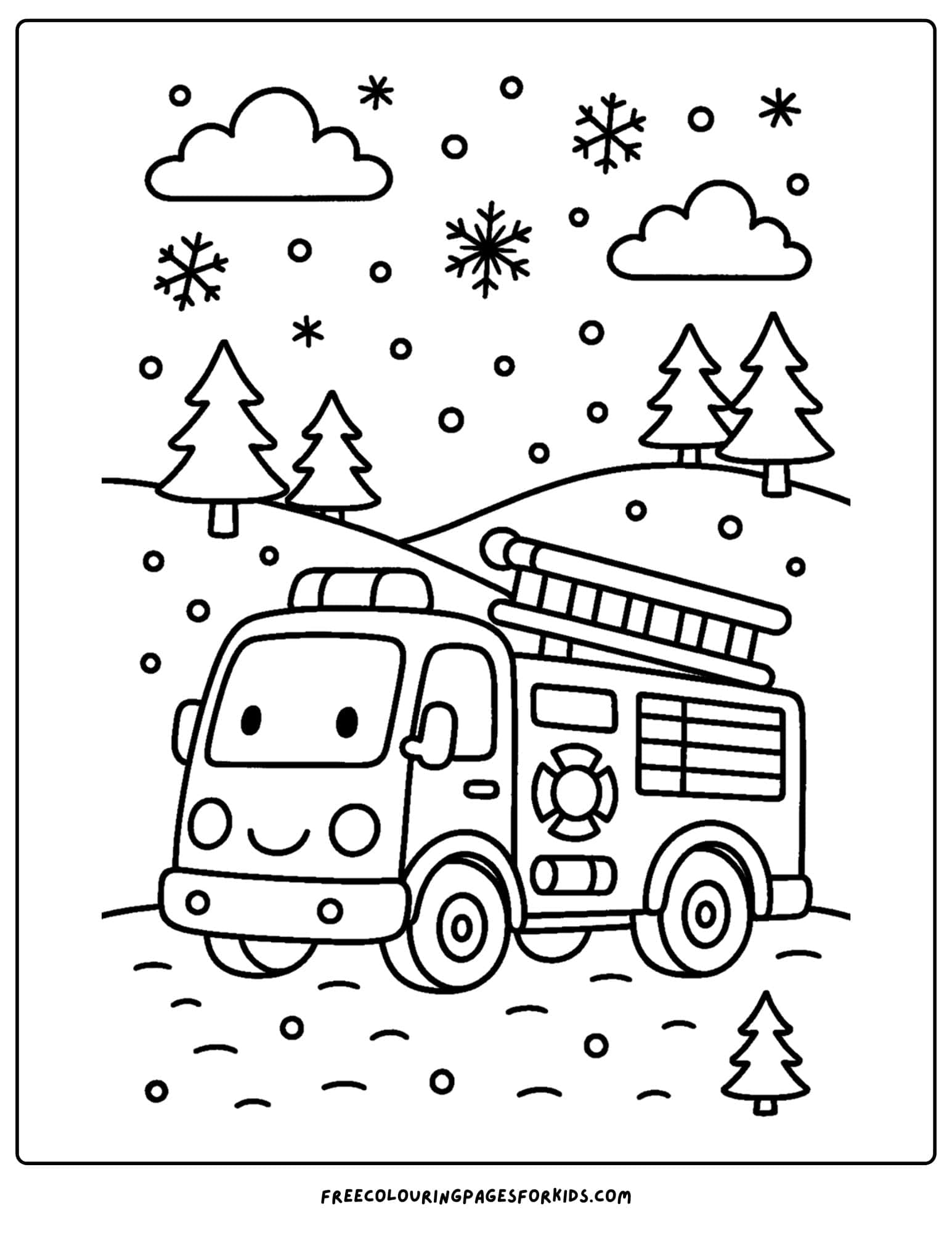 a coloring page of a fire engine in a snowy scene