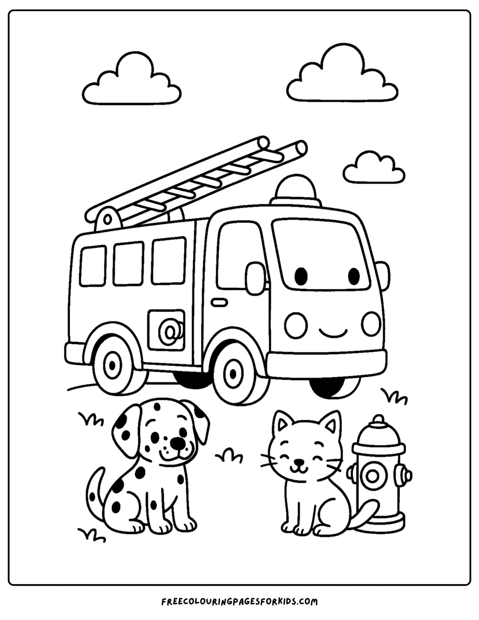 a coloring page of a fire engine near a hydrant and a dog and cat