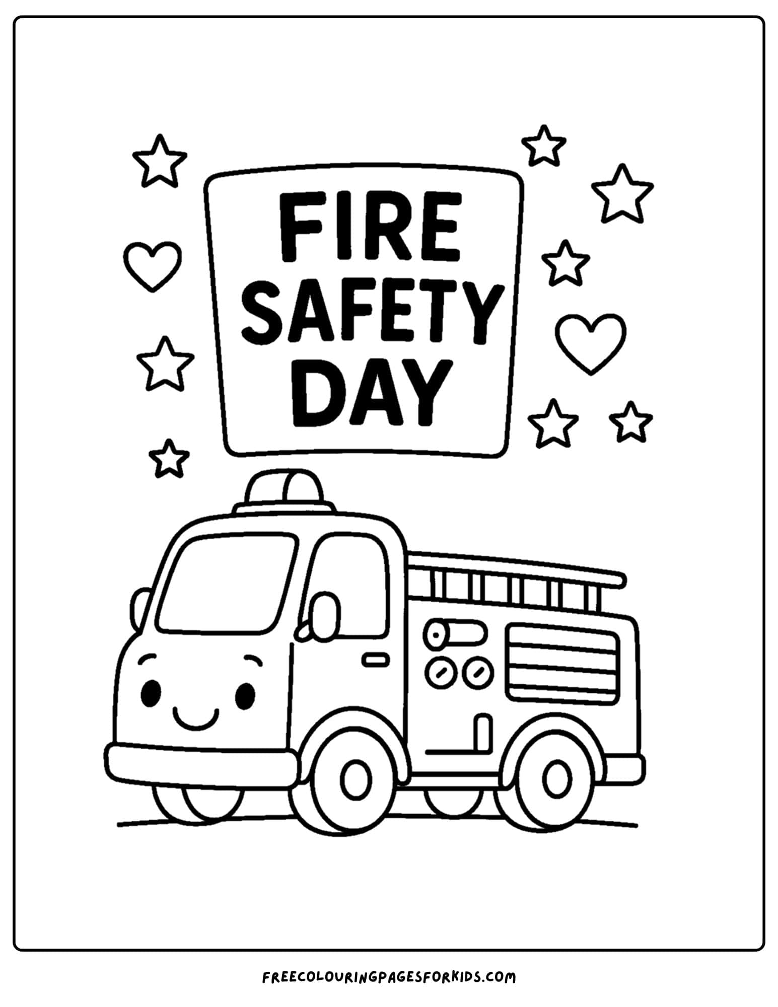 a coloring page of a fire engine promoting a fire safety day