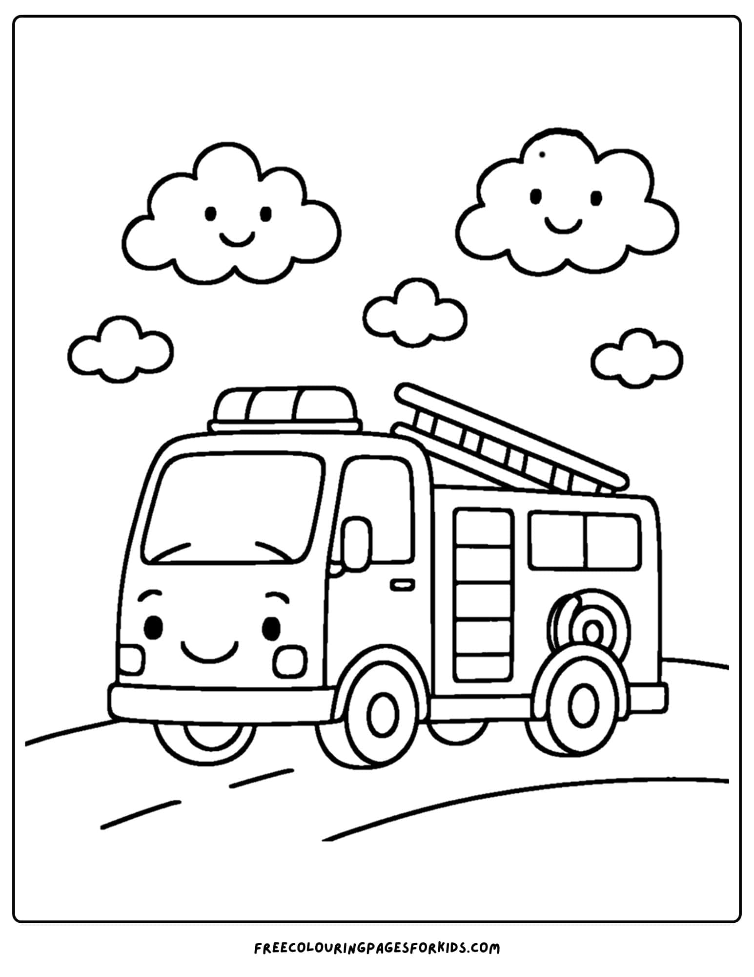 a coloring page of a fire engine driving on a road