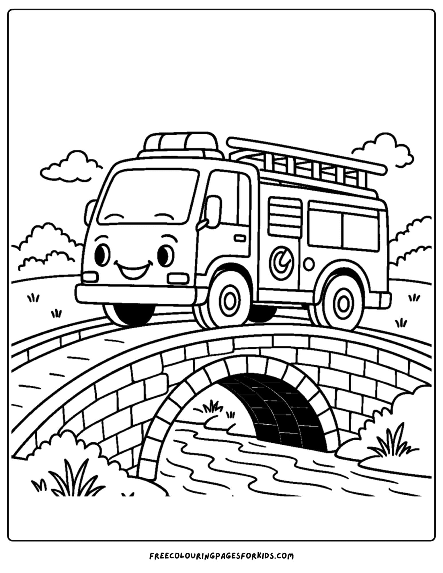 a coloring page of a fire engine driving over a bridge
