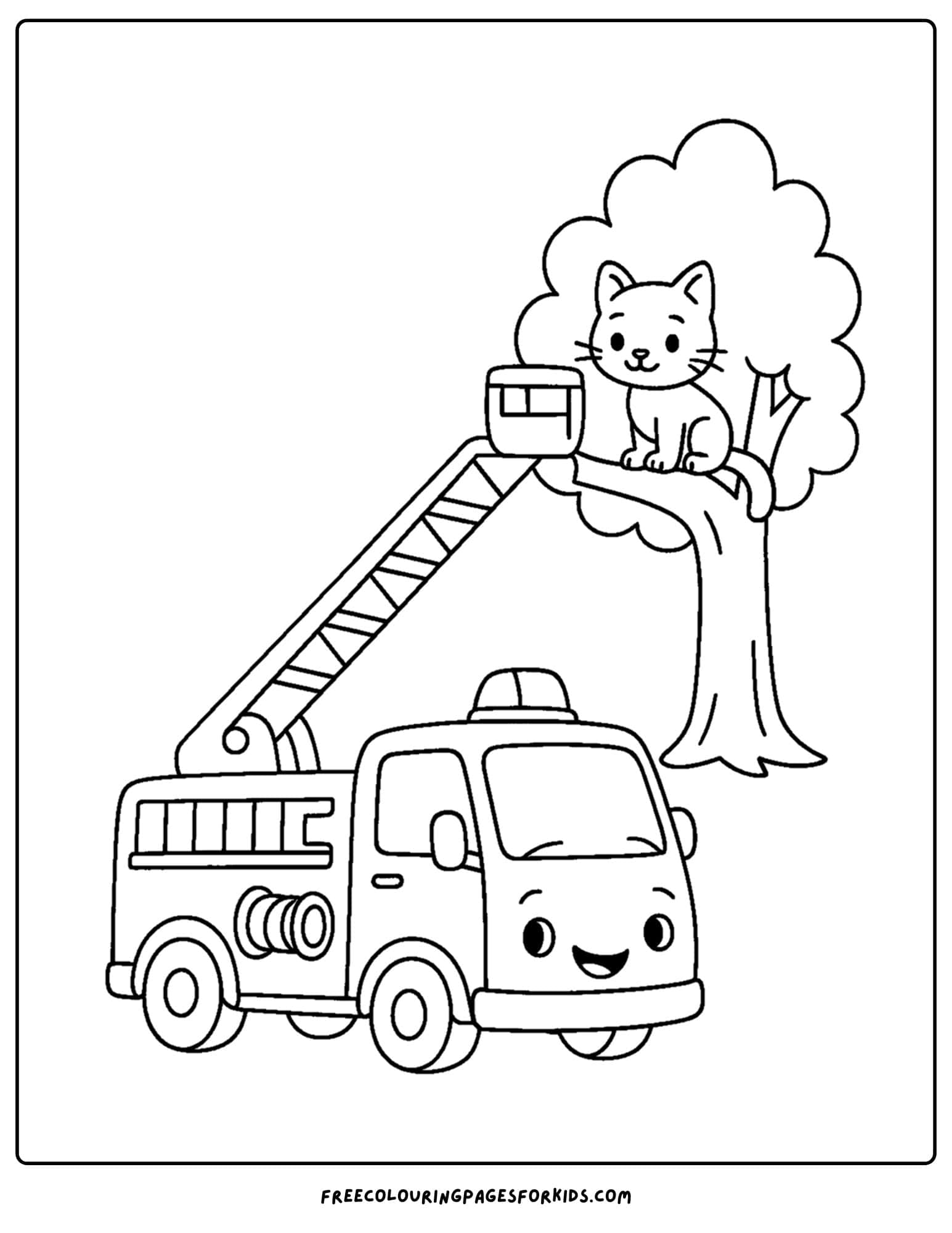 a coloring page of a fire truck rescueing a cat from a tree