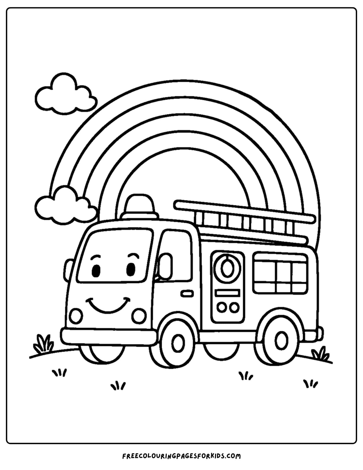 a coloring page of a fire engine under a rainbow