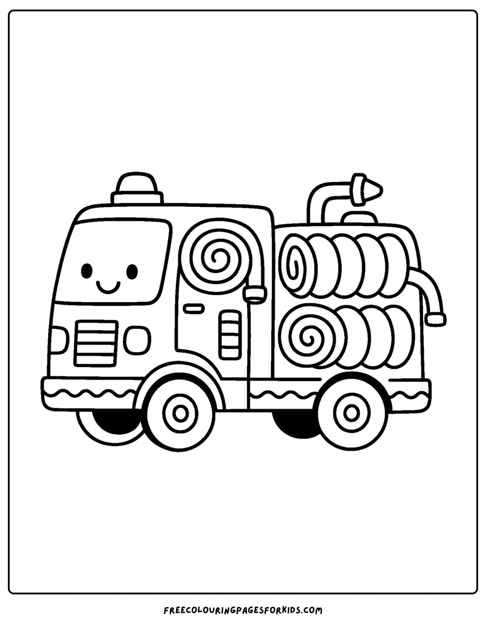 a coloring page of a fire engine with all its hoses coiled up