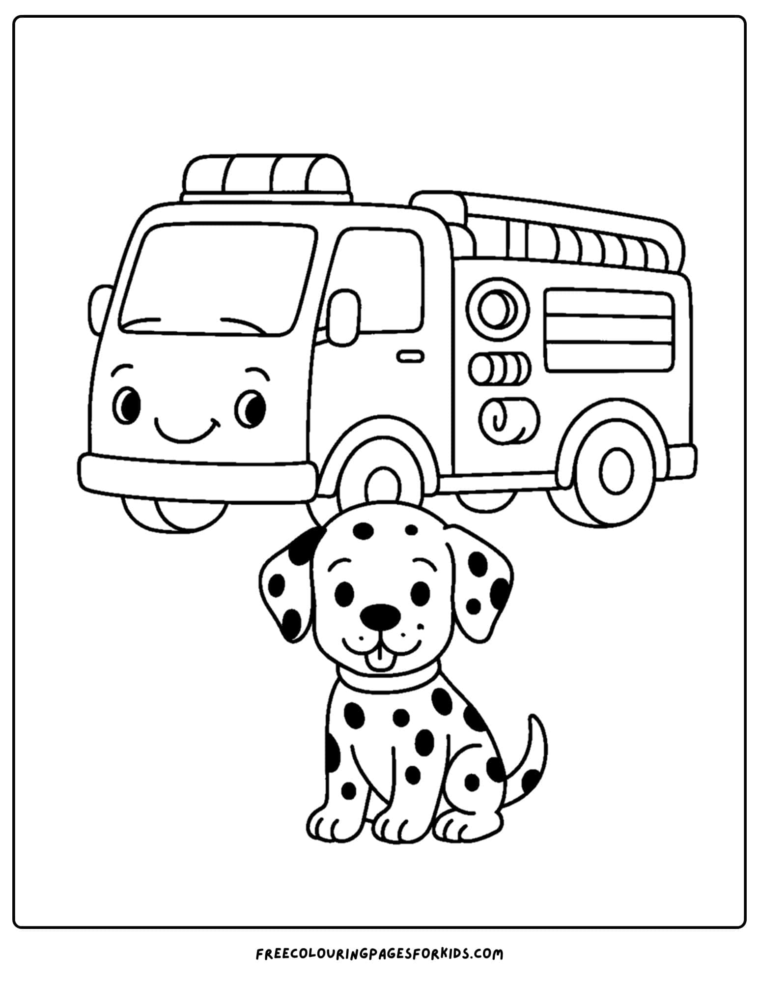 a coloring page of a fire engine with a dalmation puppy