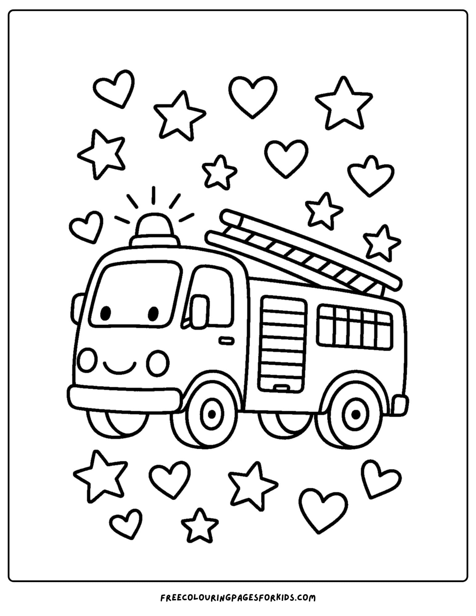 a coloring page of a fire engine with hearts and a siren going