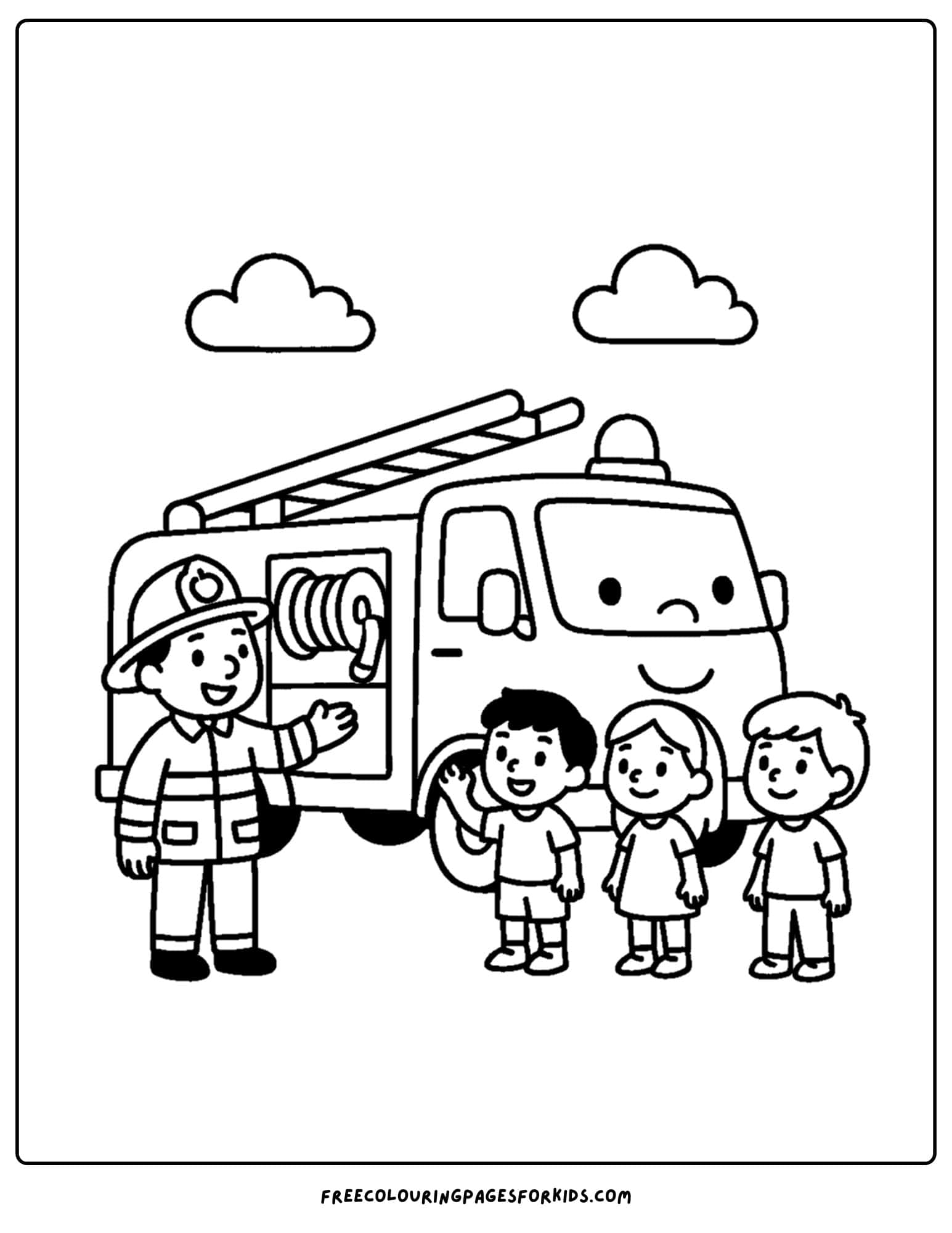 a coloring page of a fire engine with kids doing a tour