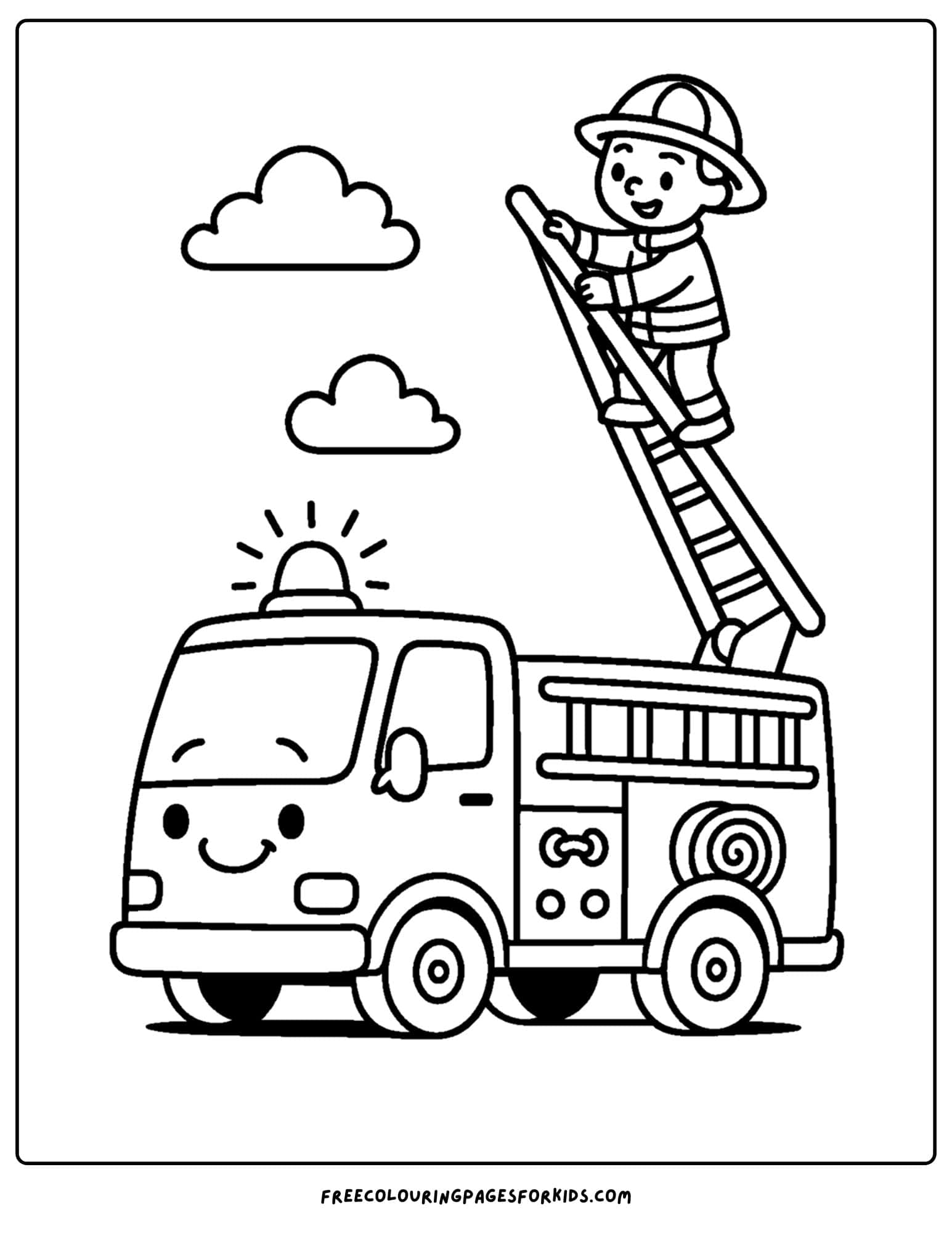 a coloring page of a fire engine with a ladder extended for practice