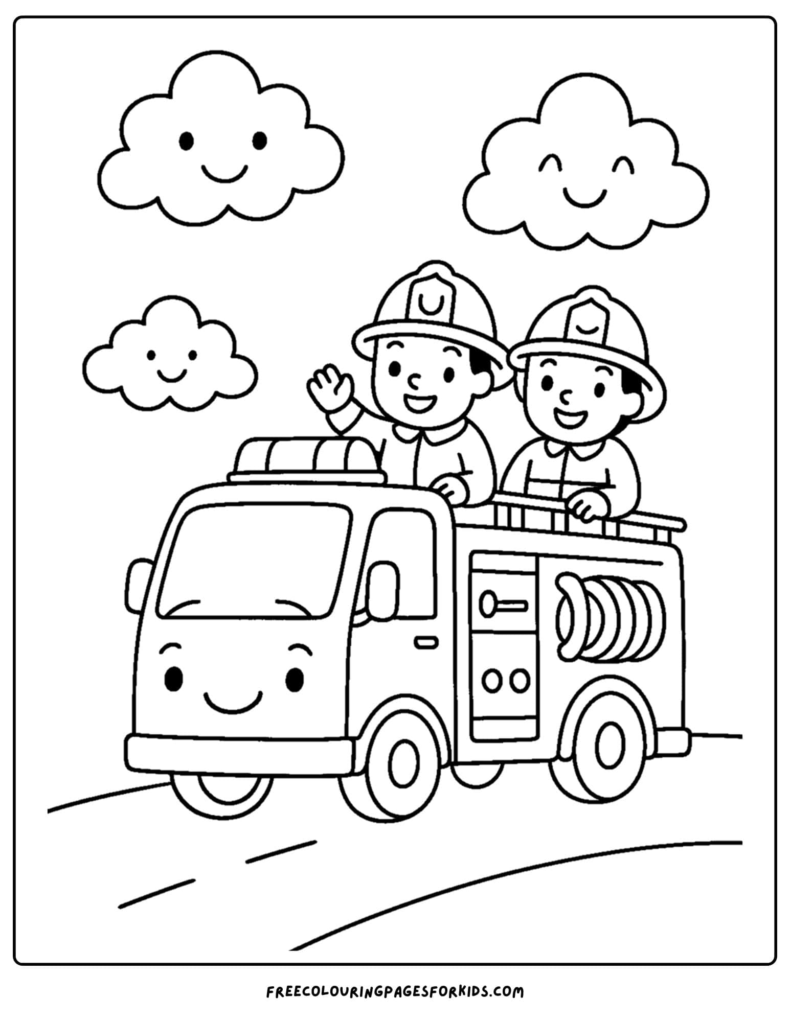 a coloring page of a fire engine with fire fighters waving from the top